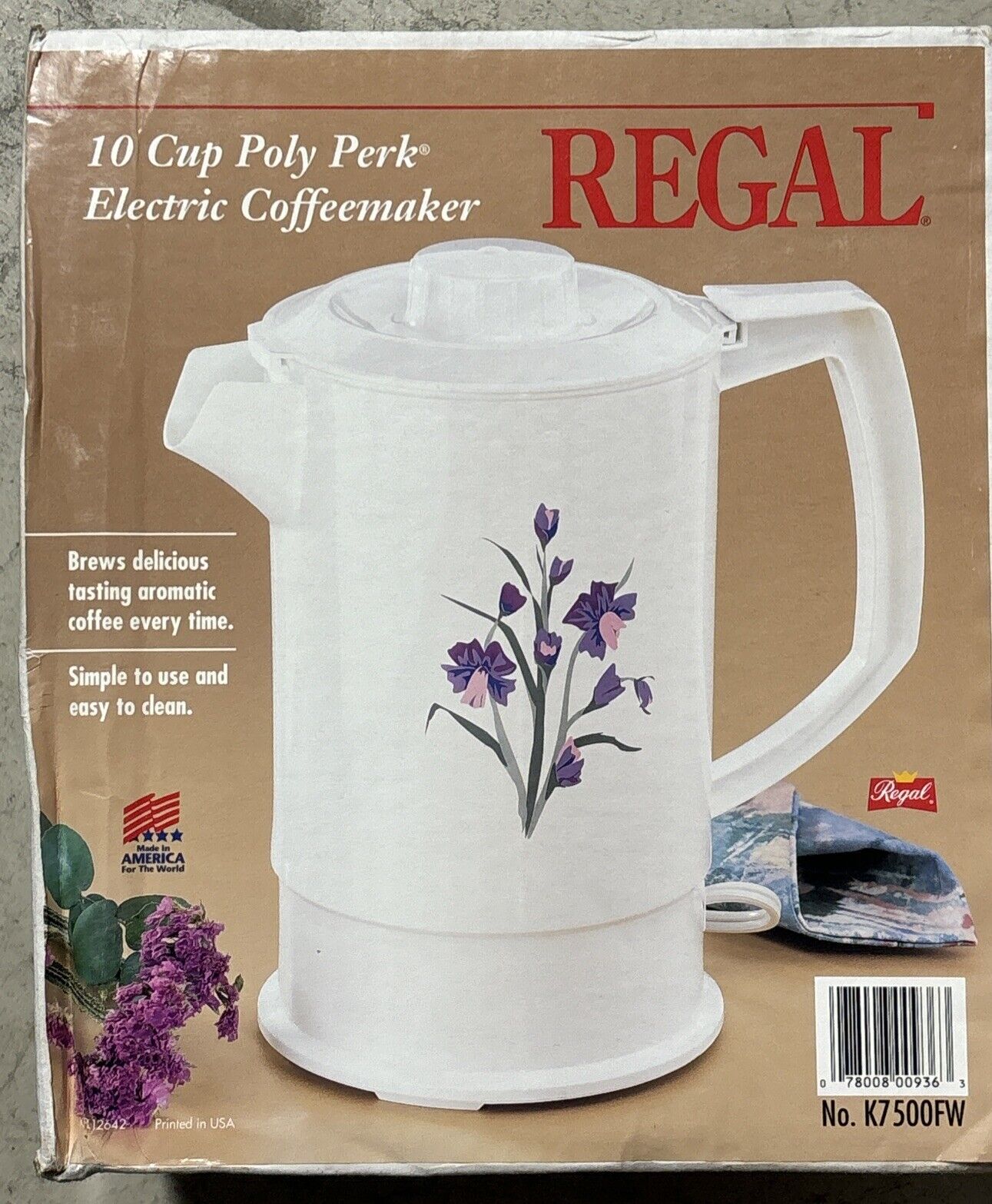 Vintage Regal Coffeemaker Poly Perk Electric Percolator 10 Cup Iris K7500FW NIB