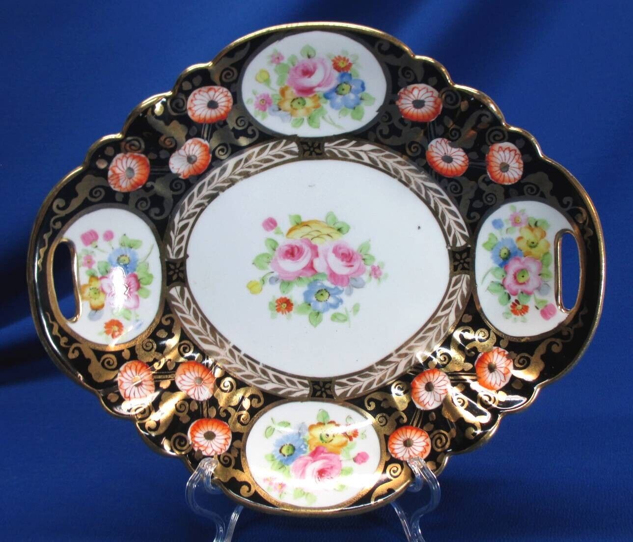 HAND-PAINTED NIPPON BLACK GOLD & MULTICOLOR FLORALS W/ HEAVY GOLD OVAL BOWL