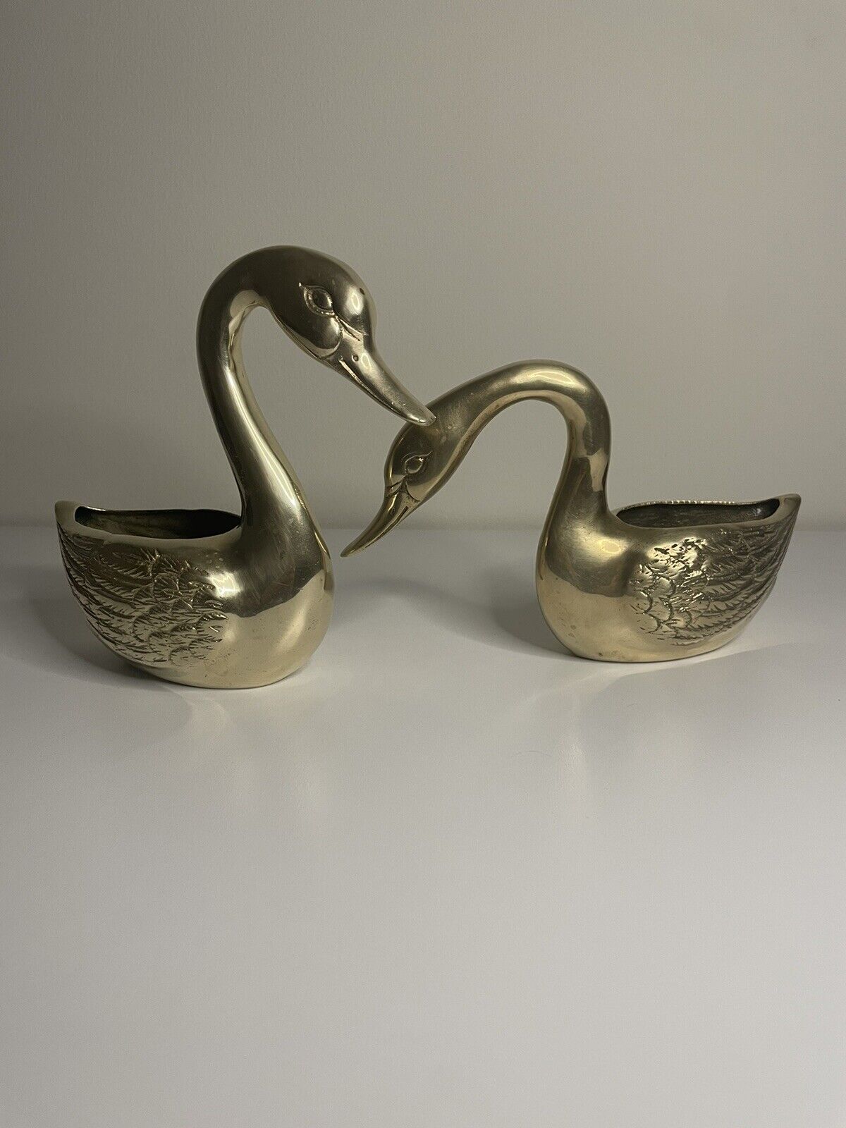 Vintage Solid Brass Swan Planters Pair