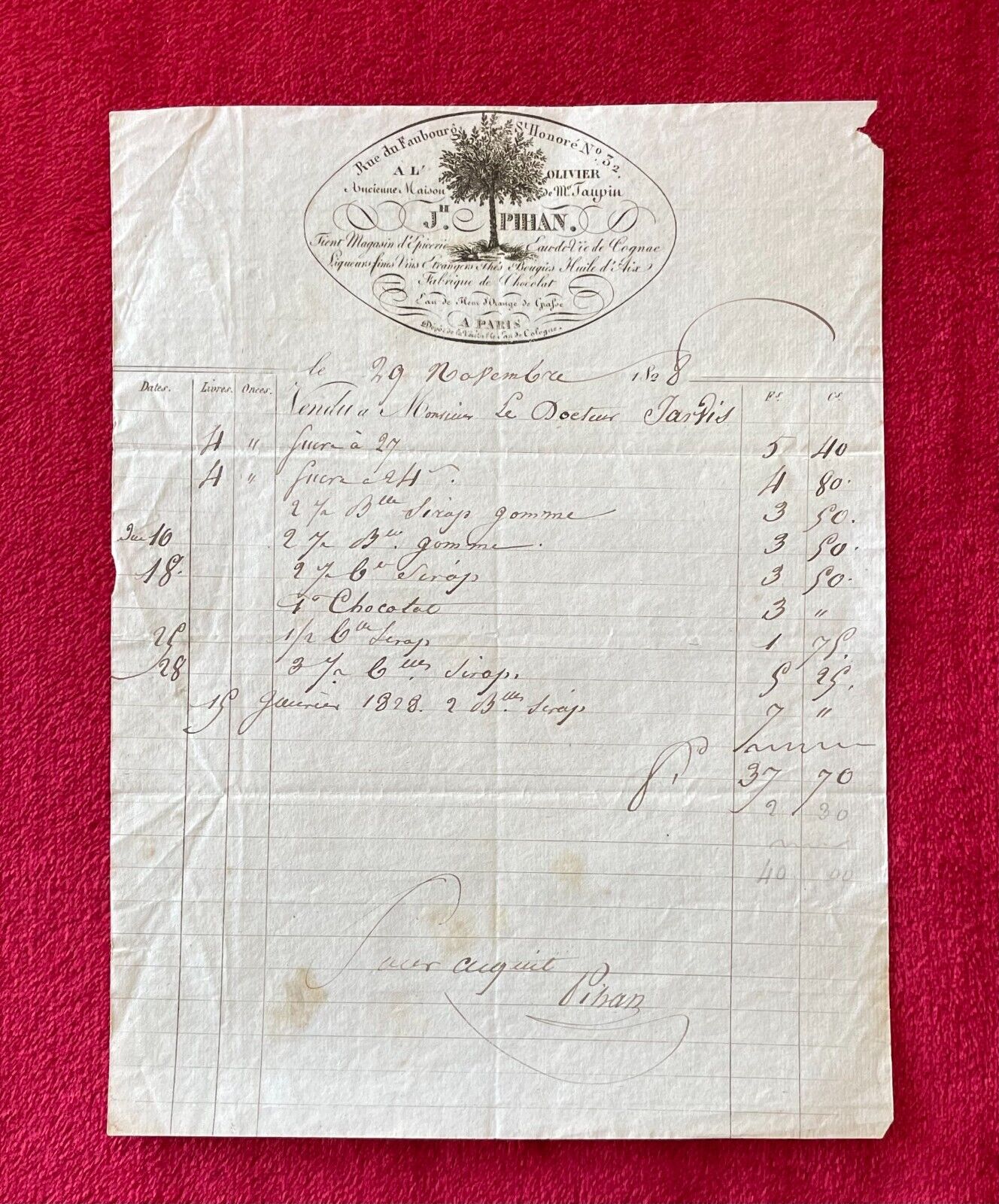 1828 FRENCH BILLHEAD HOUSE OF M. TAUPIN - COGNAC - LIQUEURS - WINES - CHOCOLATE