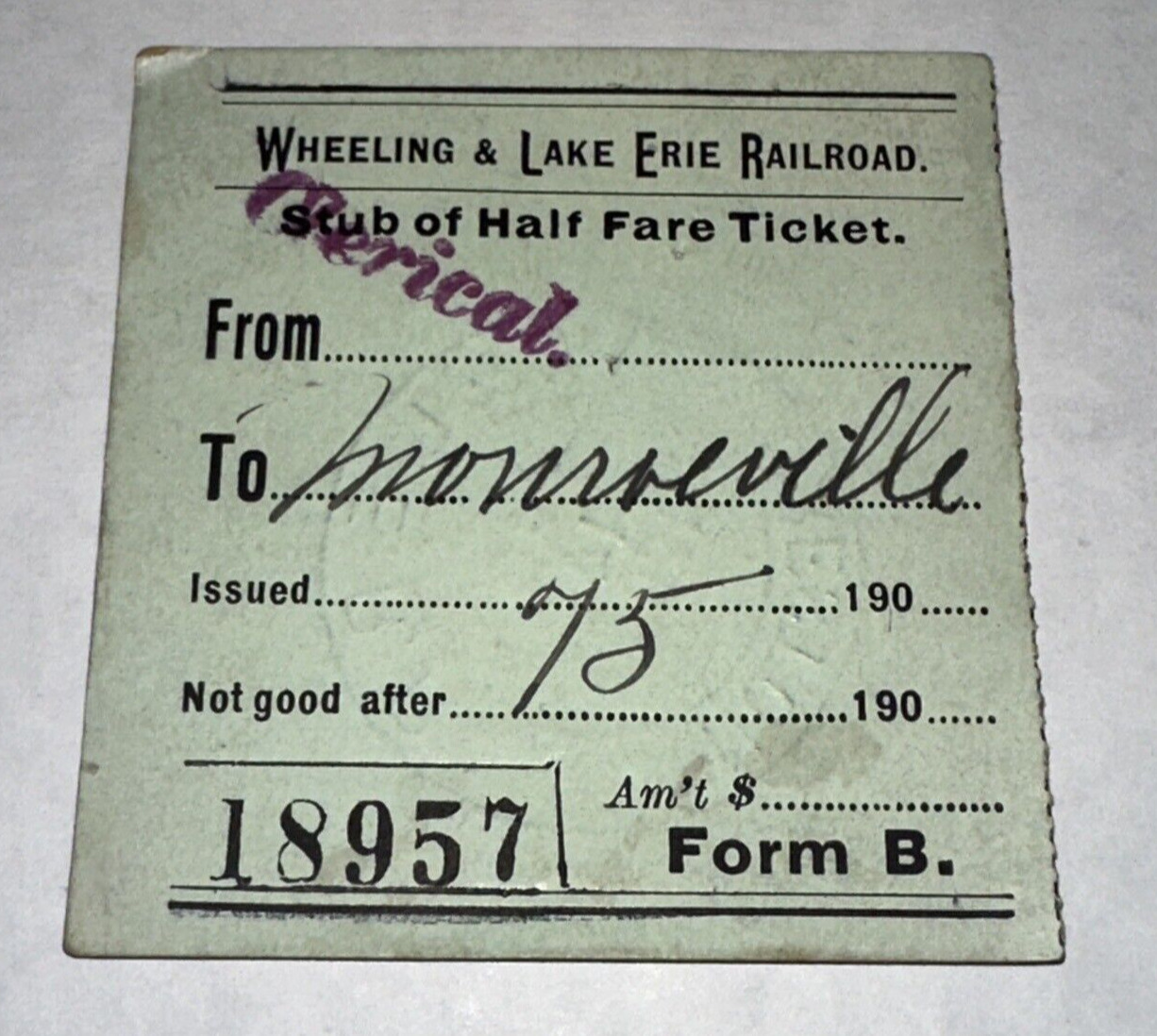 2/14/1903 Vintage Wheeling & Lake Erie Railroad Ticket Stub Pass Badge Stamped