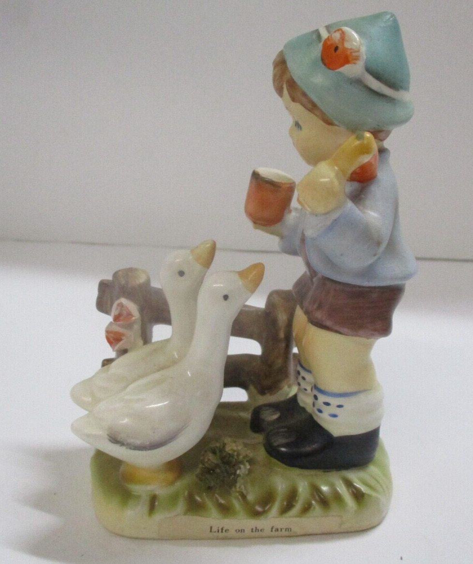 Ceramic Erich Stauffer Figurine Life on the Farm Boy w/Geese 8394 Vtg.
