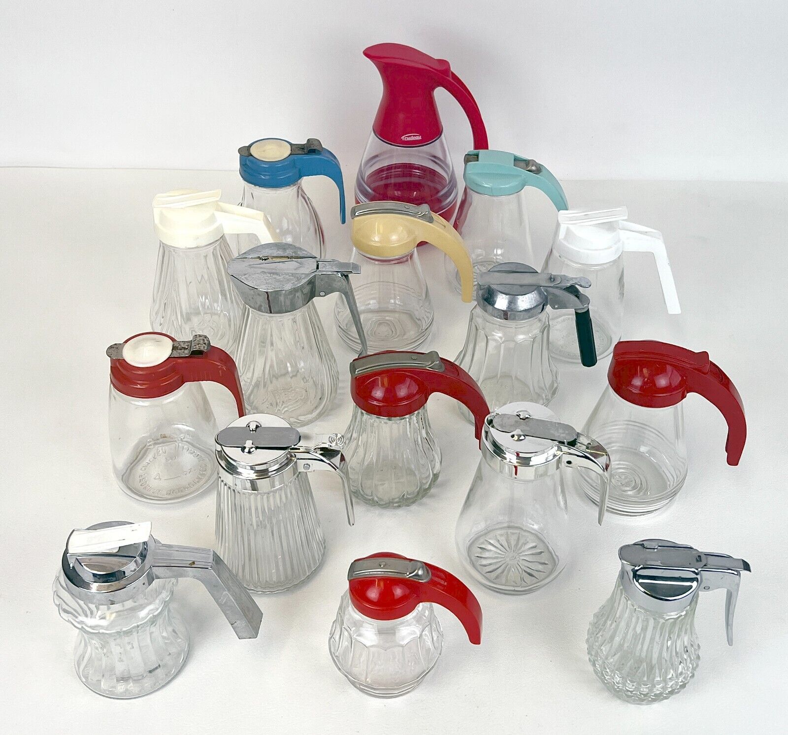16 1950\'s Diner Glass Syrup/Honey Dispenser Lot Federal Housewares Silver/Red