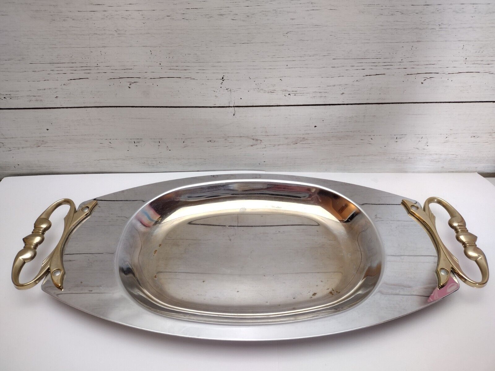 Vintage Kromex Aluminum Serving Tray with Brass Handles 14.5\
