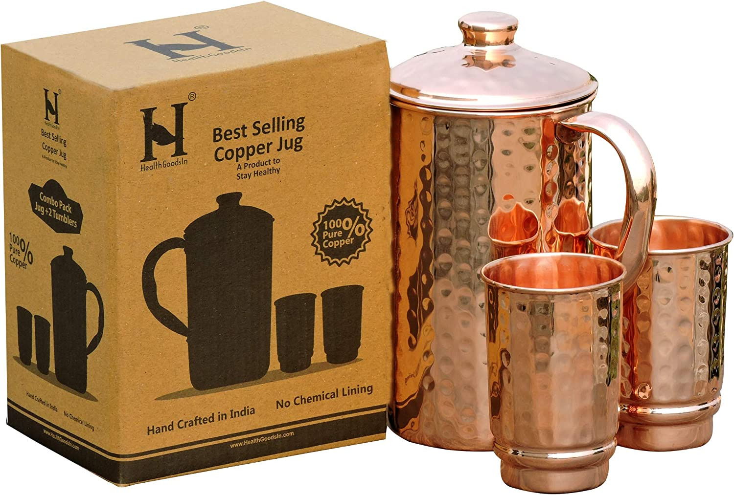Pure Copper Hammered Water Jug with 2 Hammered Copper Tumblers Copper Pitcher