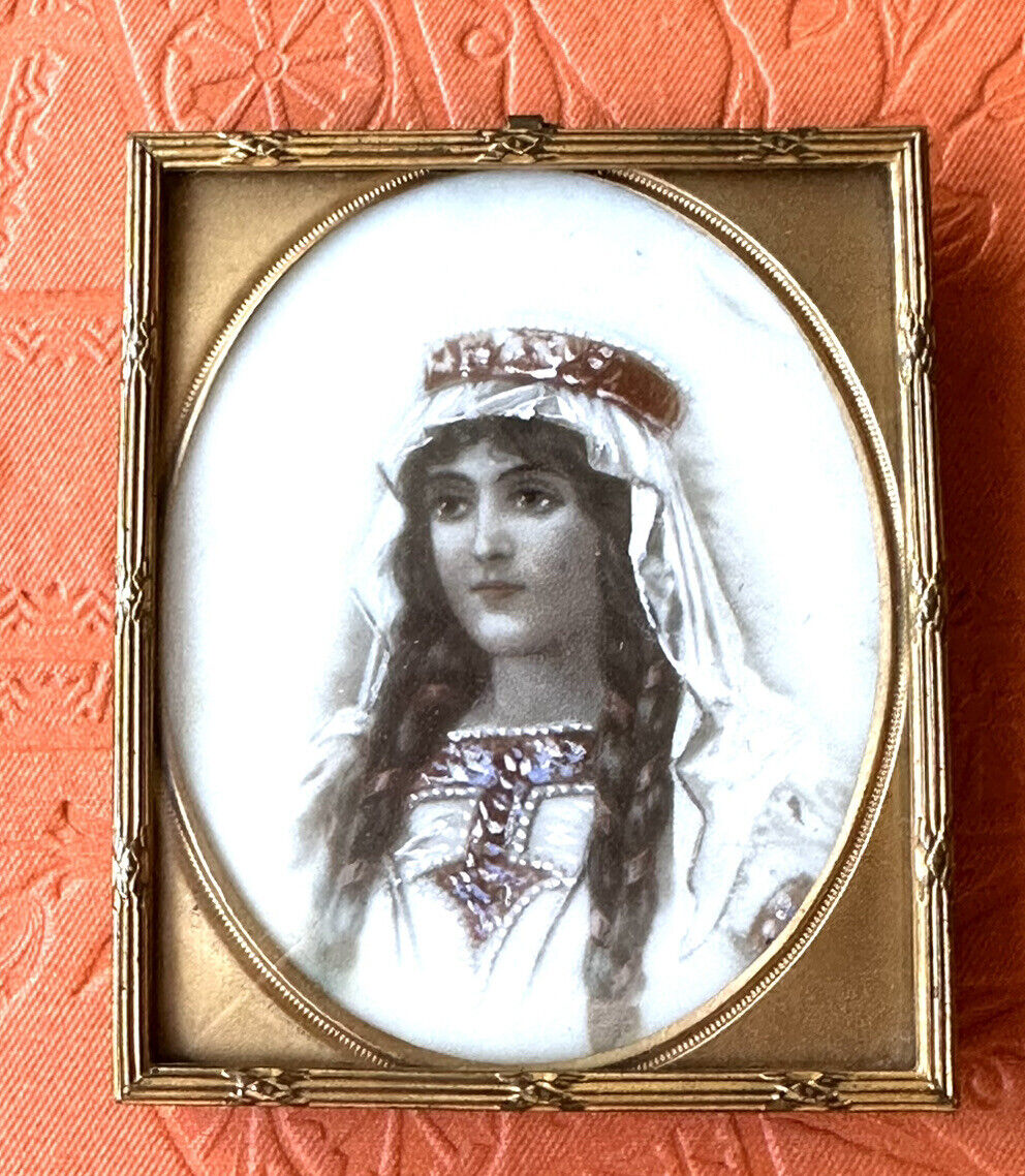 Antique 19th century Orientalist woman painted oval glass brass framed portrait
