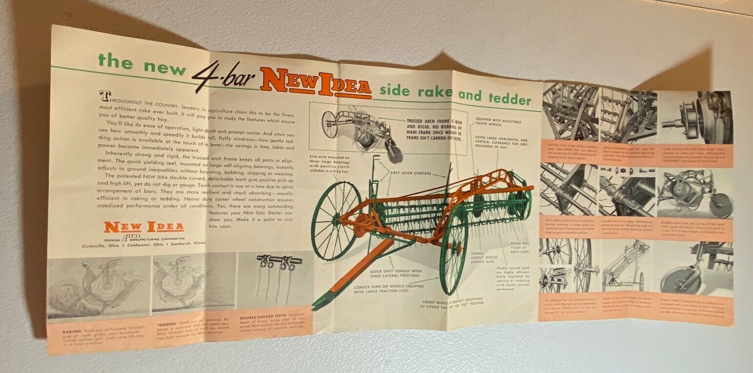 1958 NEW IDEA No. 4  Four Bar Side Rake And Tedder Spec BROCHURE