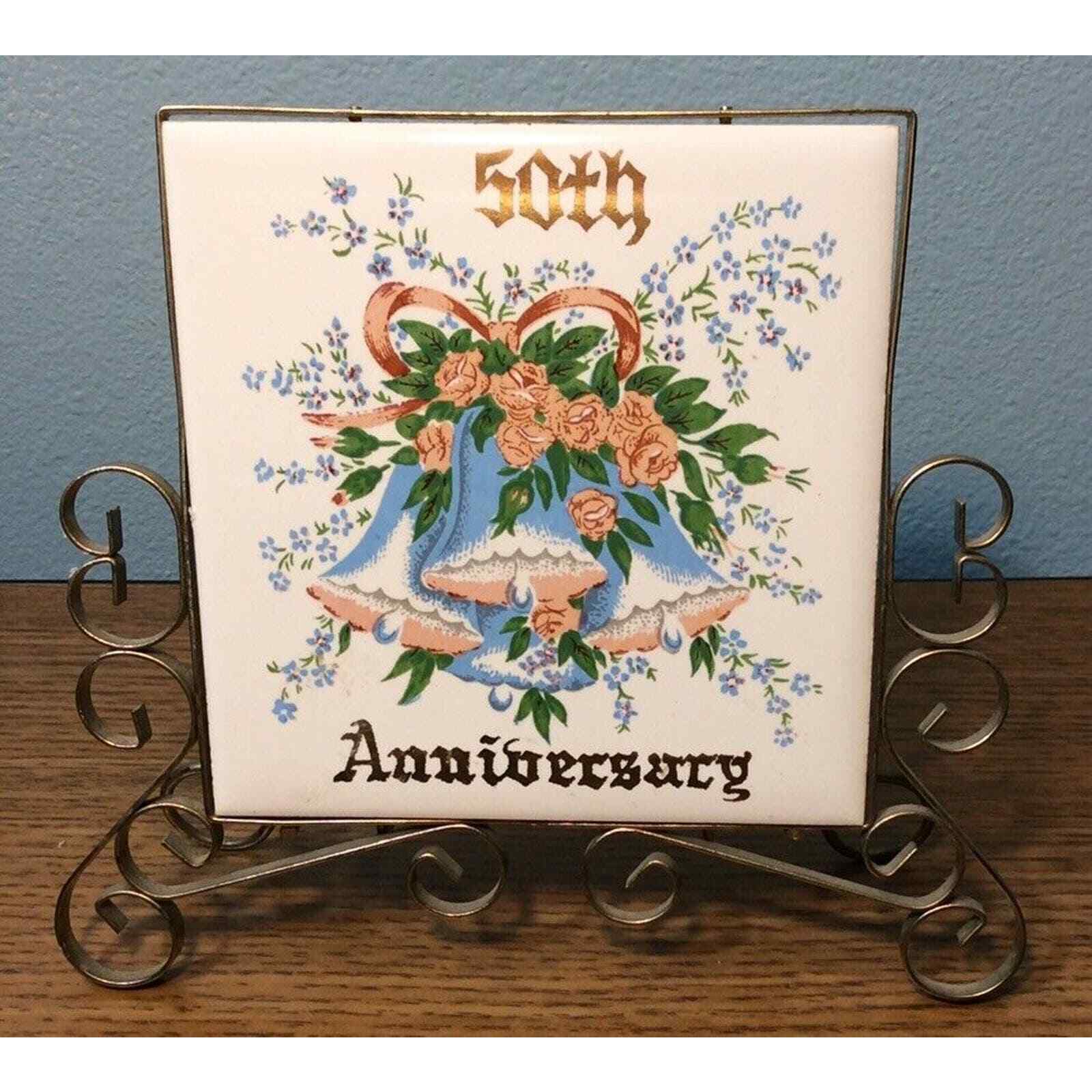 Vintage 50th Anniversary 4x4 Tile In Metal Napkin Holder- Tile Is Removable EUC