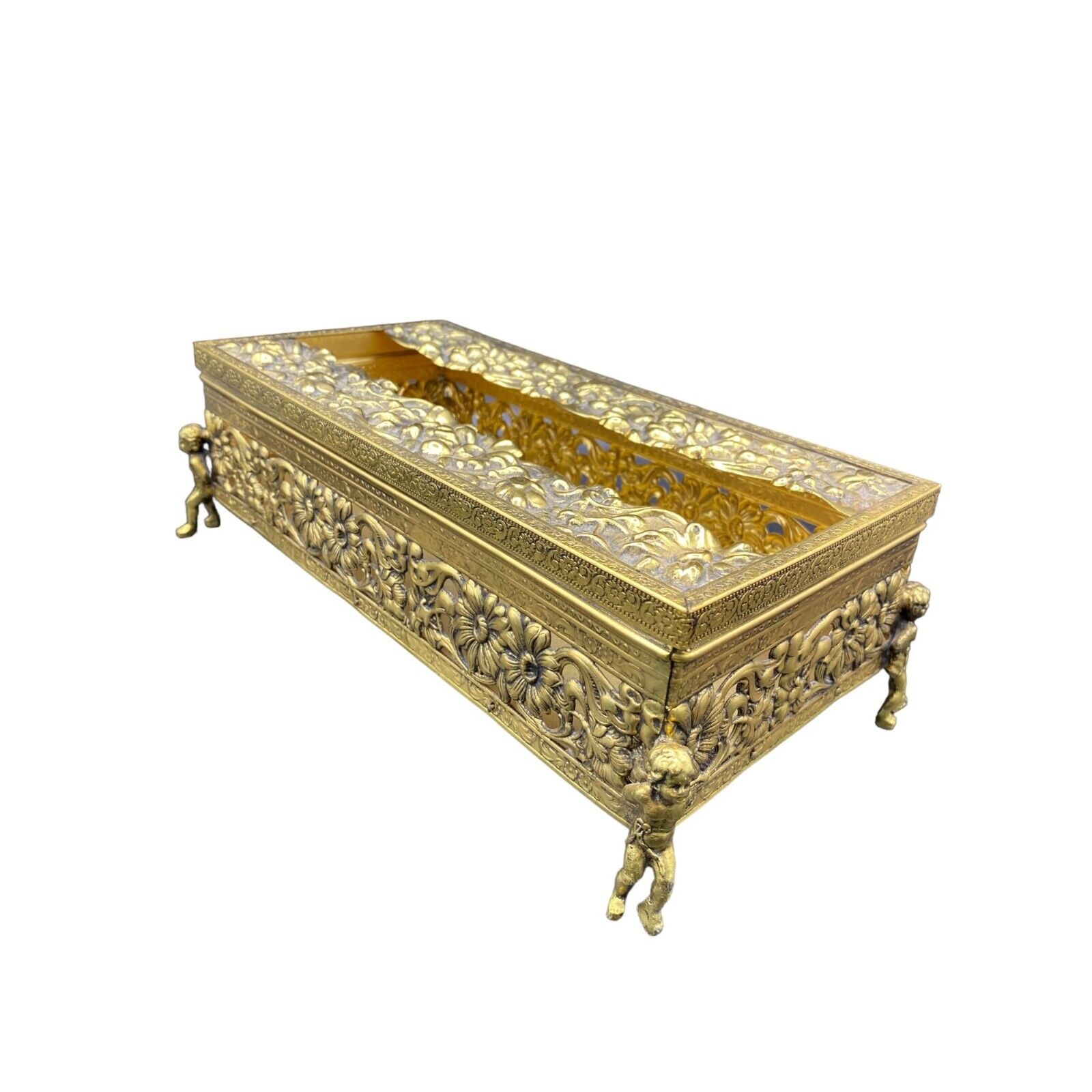 Vintage Cherub Angel Tissue Box Cover Gold Ormolu Baroque Rococo Hollywood Regen