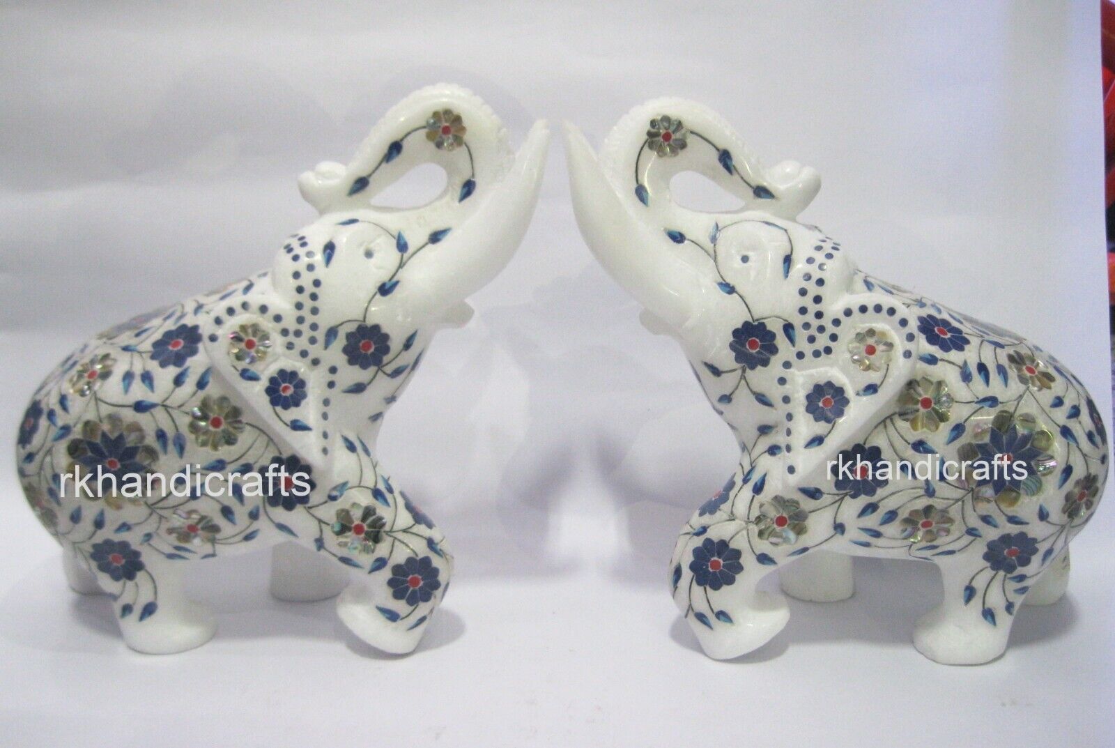 8 Inches White Marble Elephant Statue Handmade Up Trunk Elephant Set of 2 Pieces