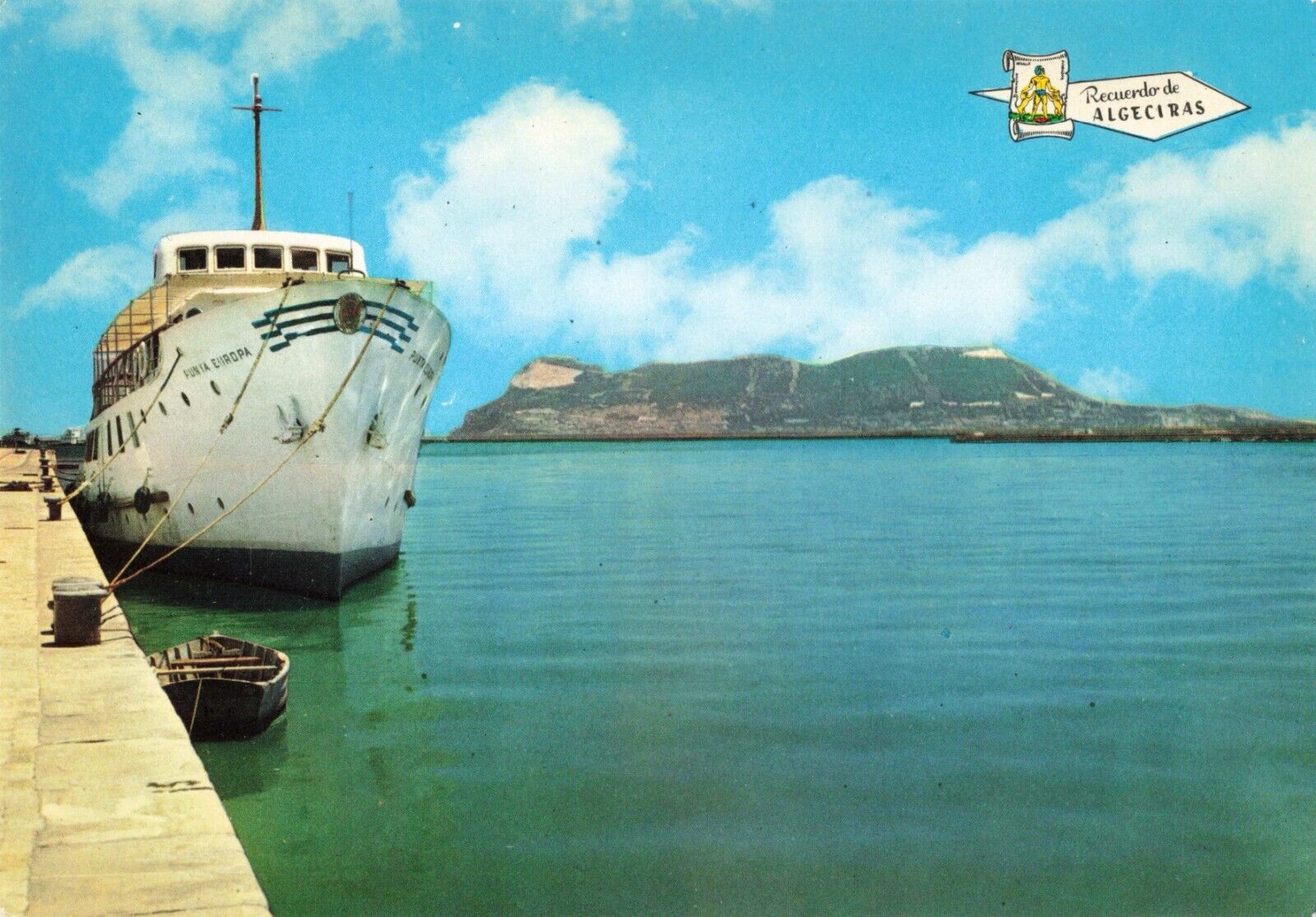 Algeciras Spain, Punta Europa Ship at Dock & Rock of Gibraltar, Vintage Postcard