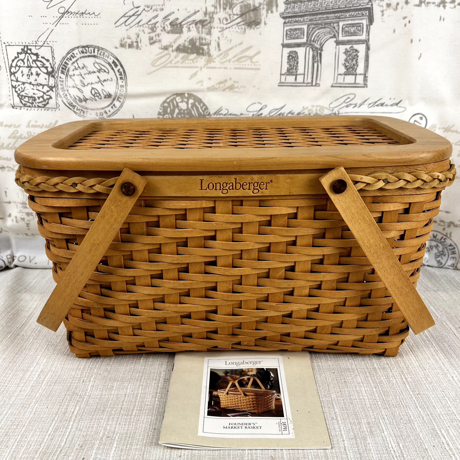 Longaberger 2000 Founders Market Basket with repaired lid 15 x 10 x 7.5