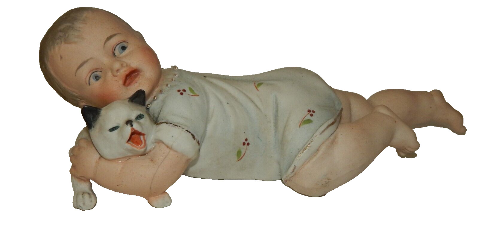 Antique German Heubach Figurine - Crawling Baby Boy Squeezing Puppy