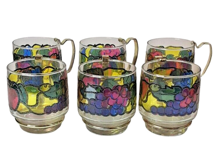 1960\'s Libbey Hostess Glassware Set 6 Stained Multicolor Fruit Design-New-NOS