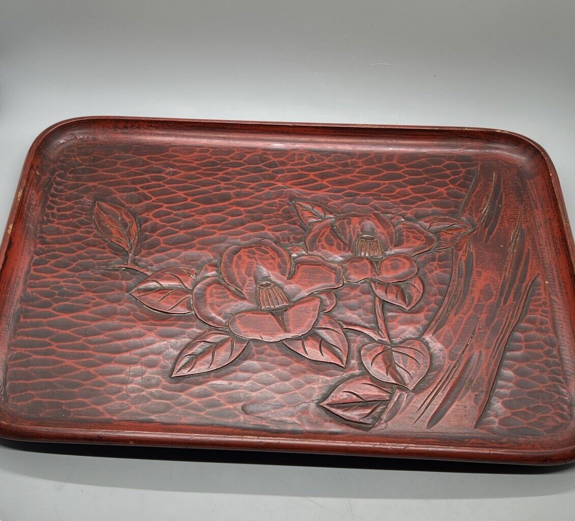 Carved Wood Tray Flower Floral Wooden 9x13”