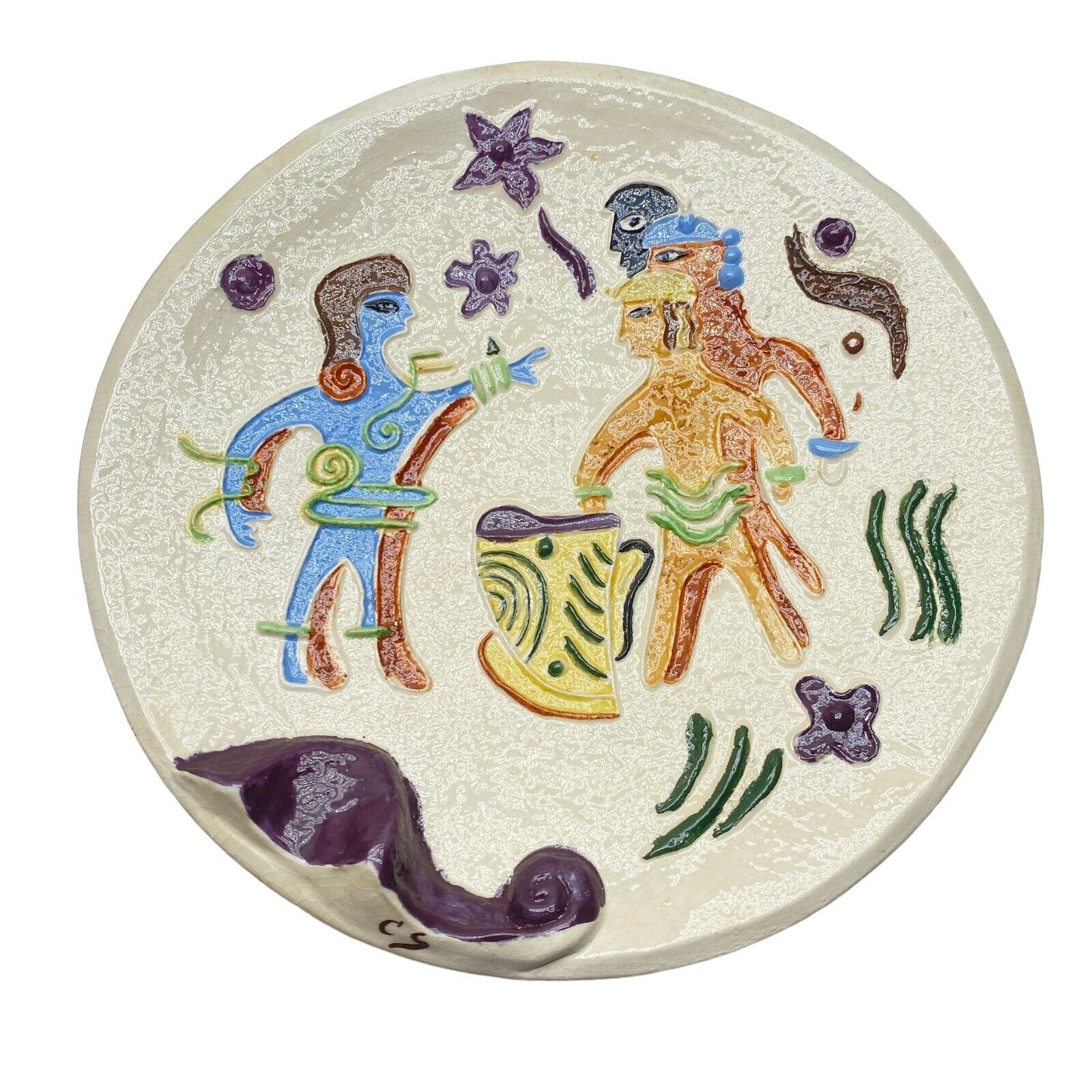 Vintage Ceramic Cigar Ashtray 7 Inches Round Native Indian Aztec Southwest