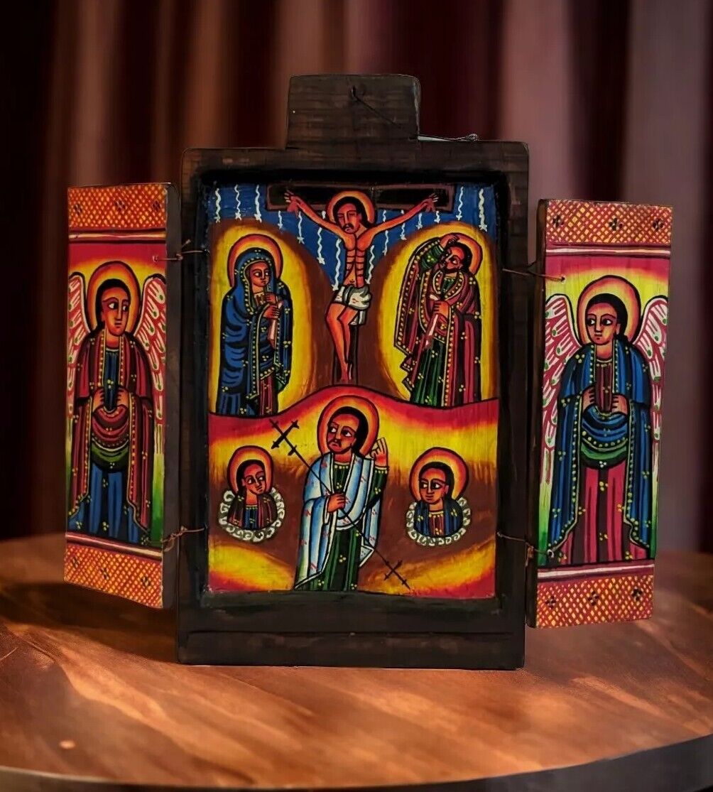 Ethiopian Wooden Icon Hand Painted African Art Christian Ethnic Orthodox Jesus
