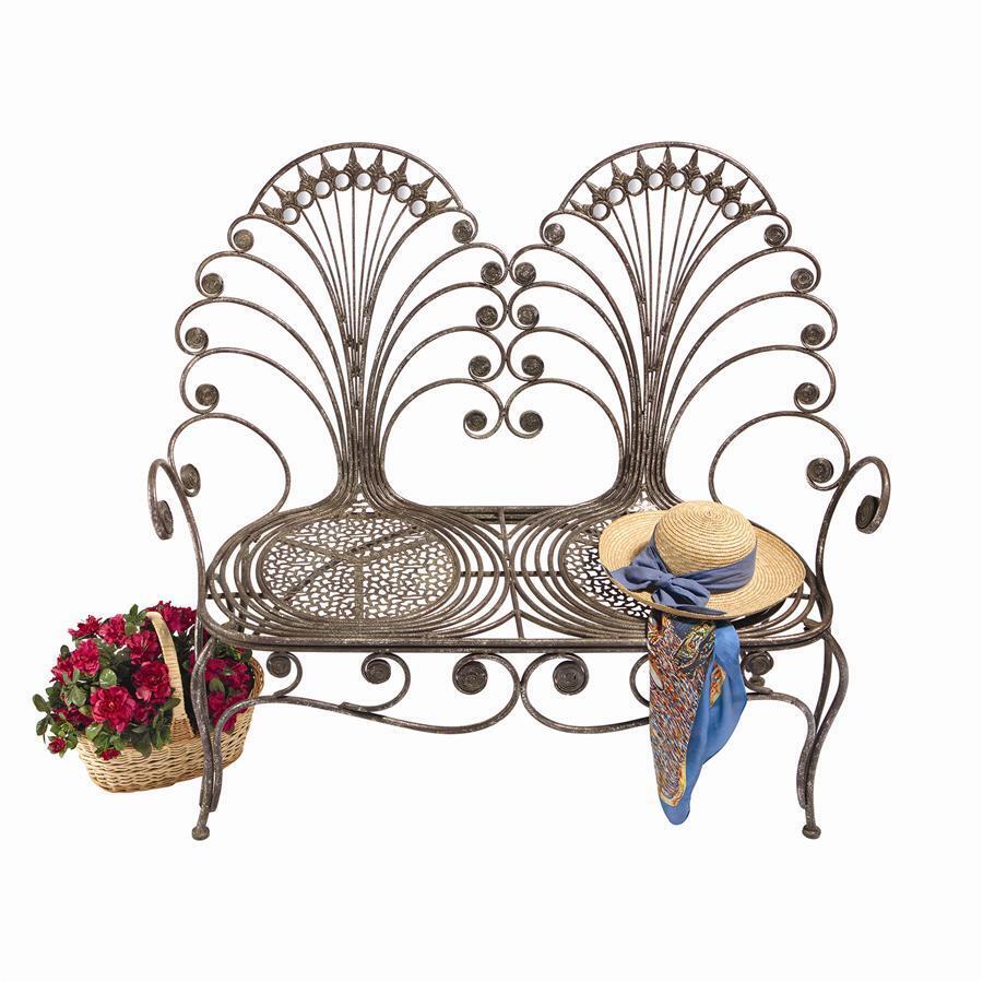 Vintage French Style Seating for Two Peacock Fan Decorative Metal Garden Bench