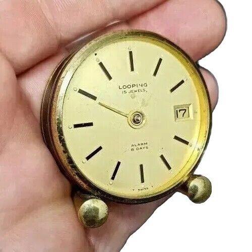 Swiss Made Looping 15 Jewels vintage Alarm Clock 8 Days without glass and arrows