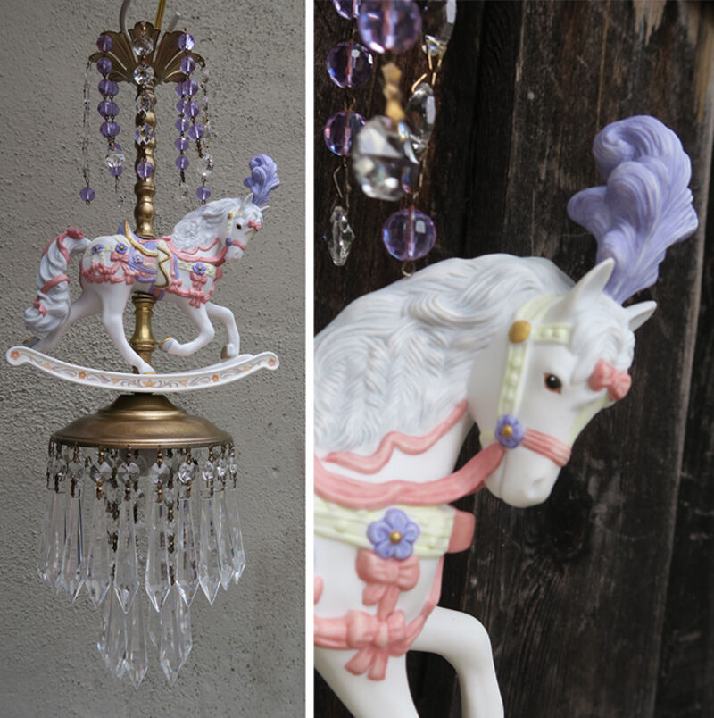 Lamp SWAG Chandelier Rocking Horse feather Porcelain Carousel Vintage Crystal