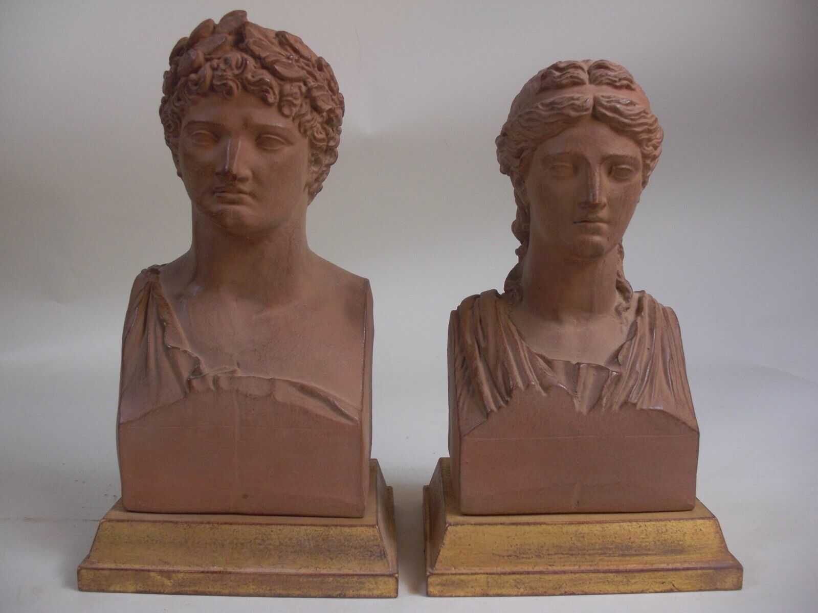 Lg 10” Apollo & Diana Bust Statue Roman Greek God Gold Gilt Wood Bases Classical