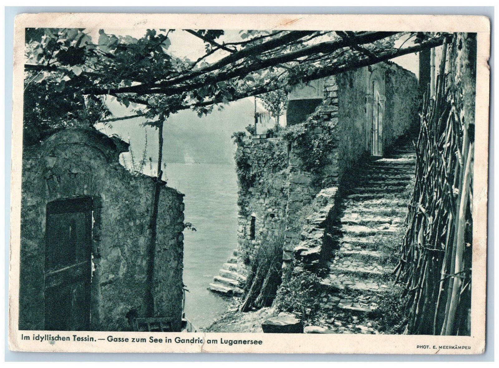 Ticino Switzerland Postcard Alley to the lake in Gandric on Lake Lugano 1937
