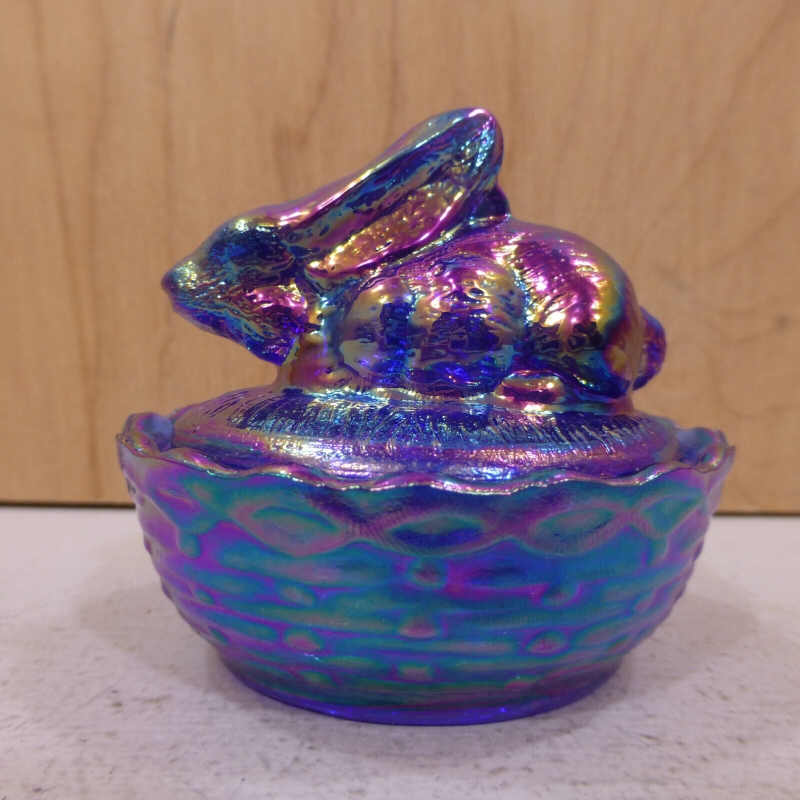 McKee SUMMIT Cobalt Blue Iridescent Carnival Glass Rabbit On Nest SALT Cellar