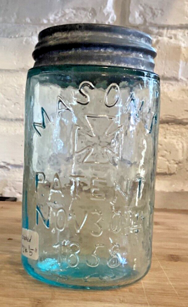 Rare HFJ Co Hero Cross Mason Blue Pint Jar patent 11/30/1858 w crooked lettering
