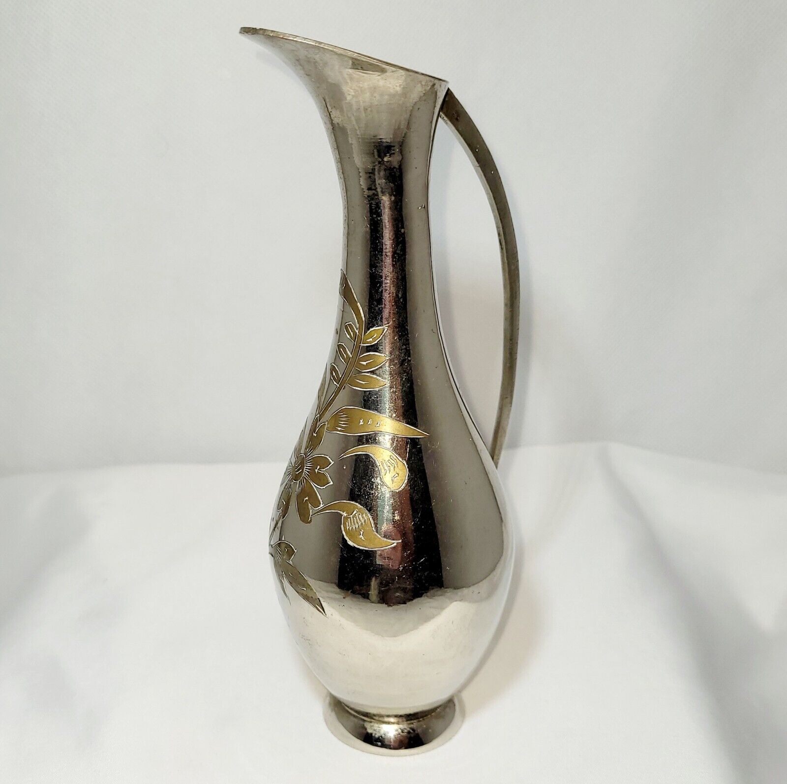 Vtg Hand Chased Signed Botanical/Floral Silver Plated Bronze Ewer Made In India