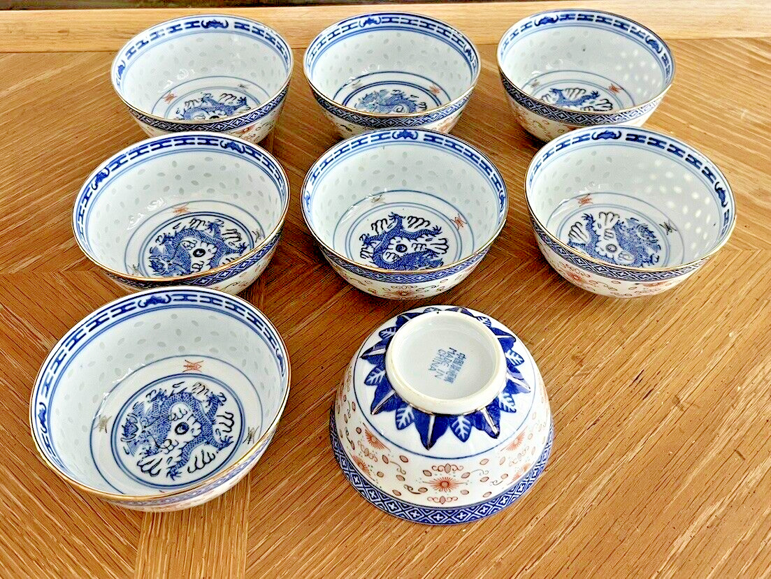 (8) Vintage Chinese Rice Eye Dragon Blue White Red Bowls