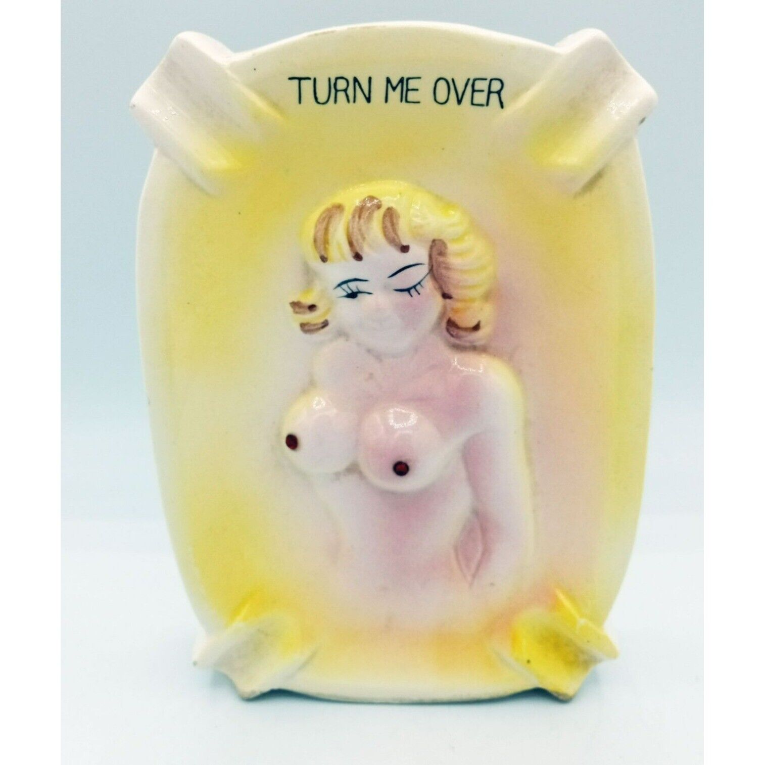 Winking Topless Woman Ash Tray Vintage 1970s Double Sided Tobacciana Japan 6 In