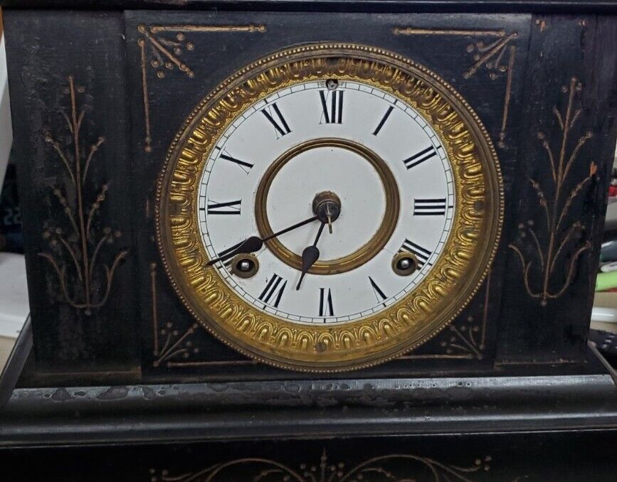 Antique 1881 WATERBURY Victorian Black Iron 8 Day Time/Strike Mantel Shelf Clock