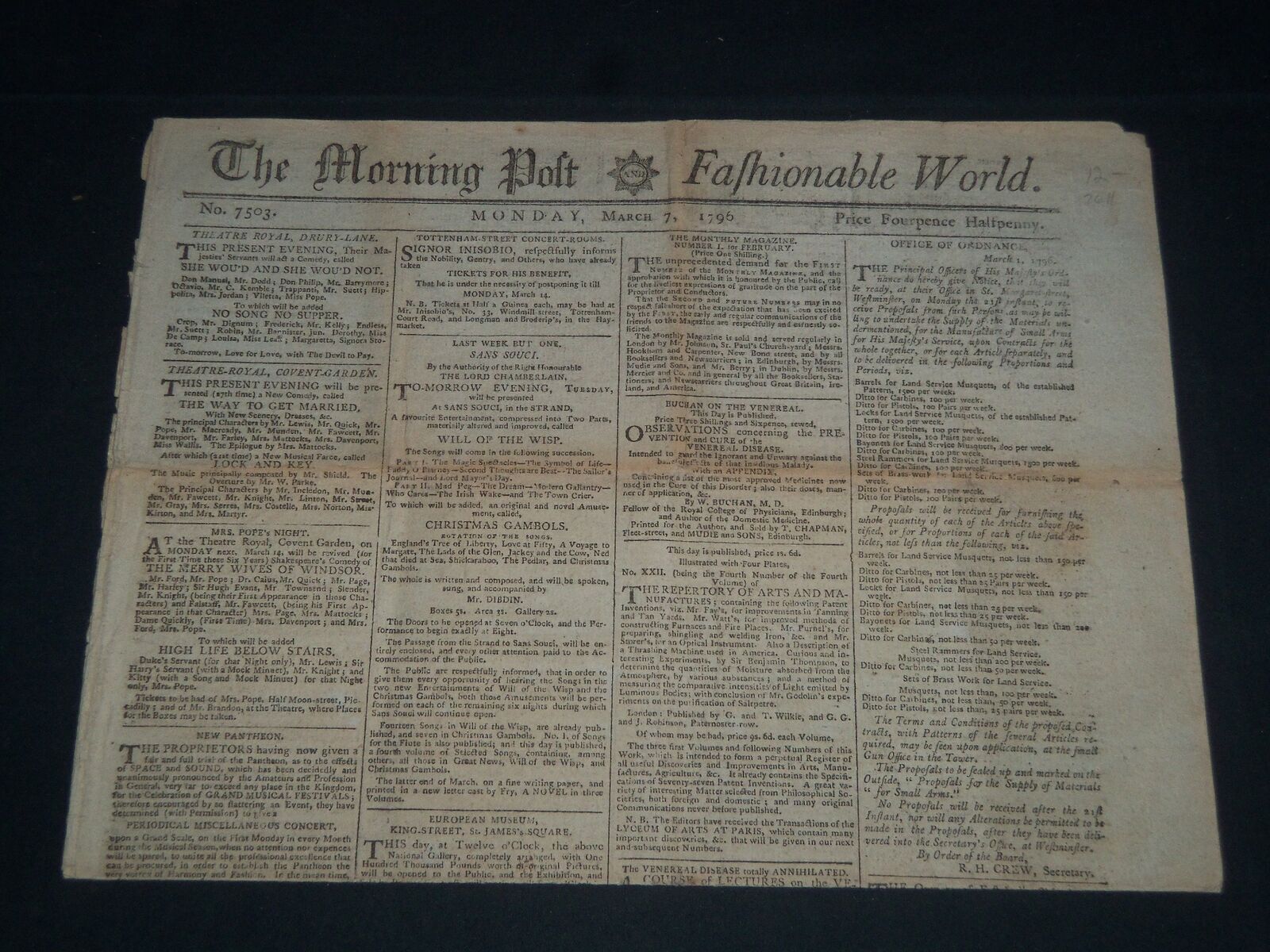 1796 MARCH 7 THE MORNING POST & FASHIONABLE WORLD NEWSPAPER - LONDON - NP 3658