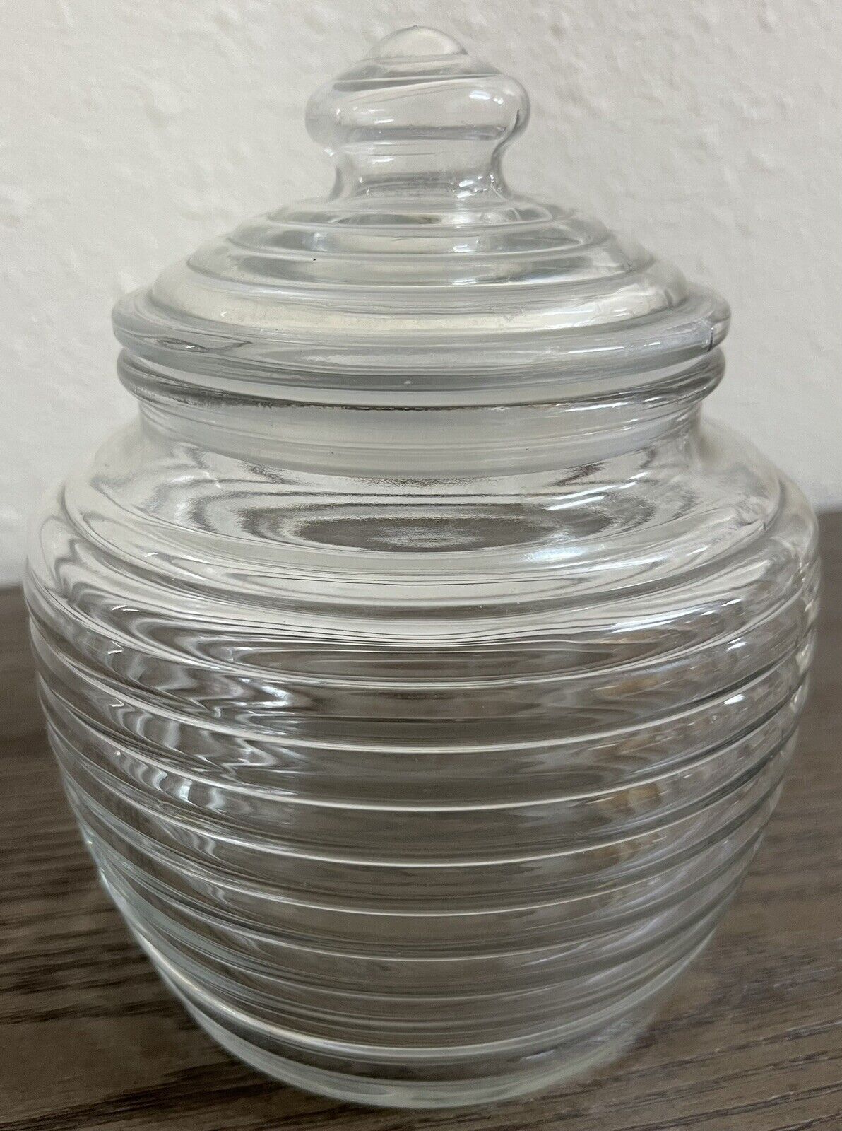 Vintage Anchor Hocking Ribbed BEEHIVE Glass Apothecary Storage Jar w/Lid USA