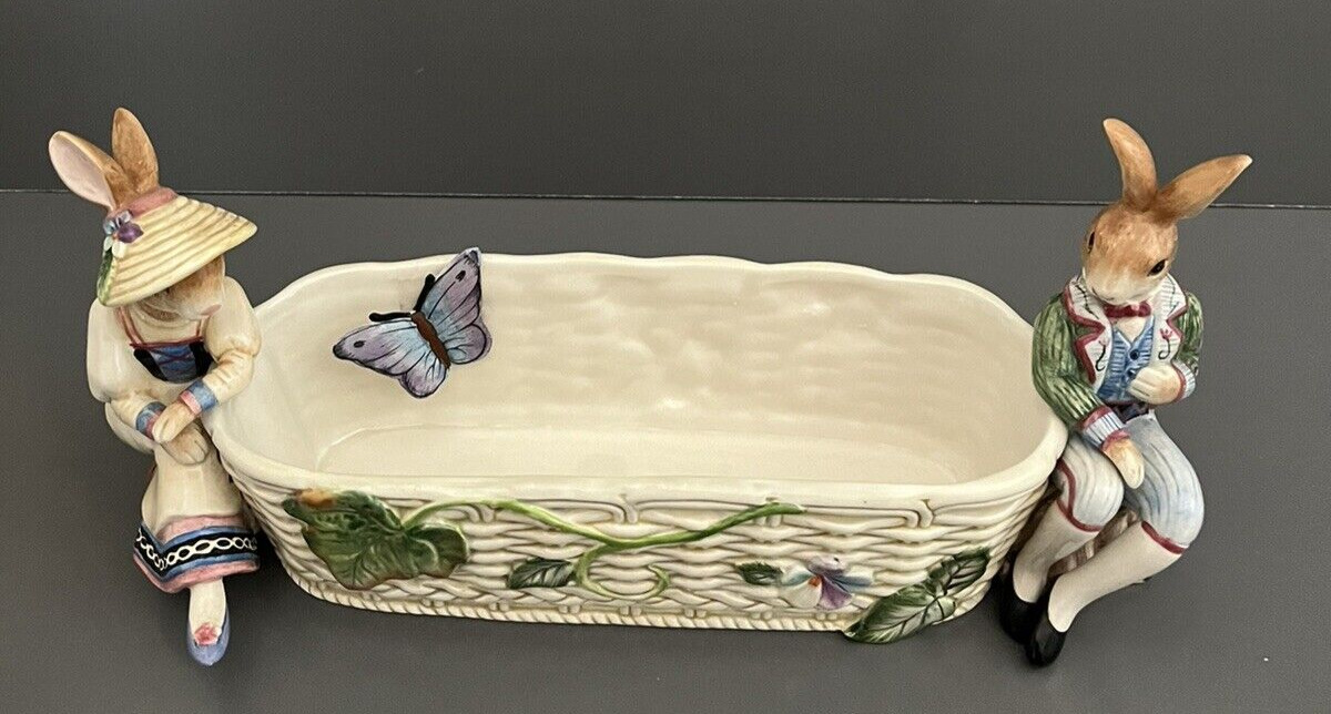 Fitz & Floyd Classics Basket Weave Serving Bowl Dish Rabbits Butterfly Floral