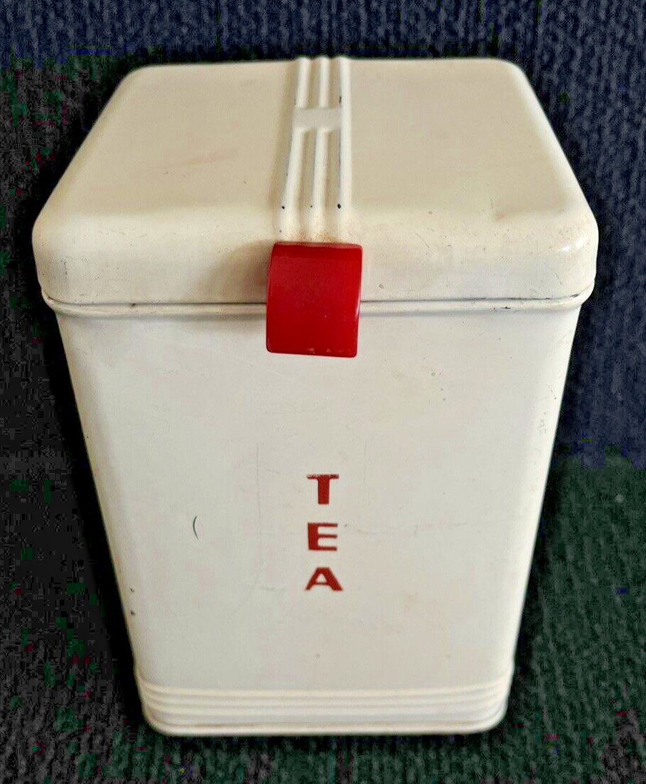 VTG 1940\'s Kreamer Art Deco Metal Tea Tin Canister Red Bakelite Knob/Hinged Lid