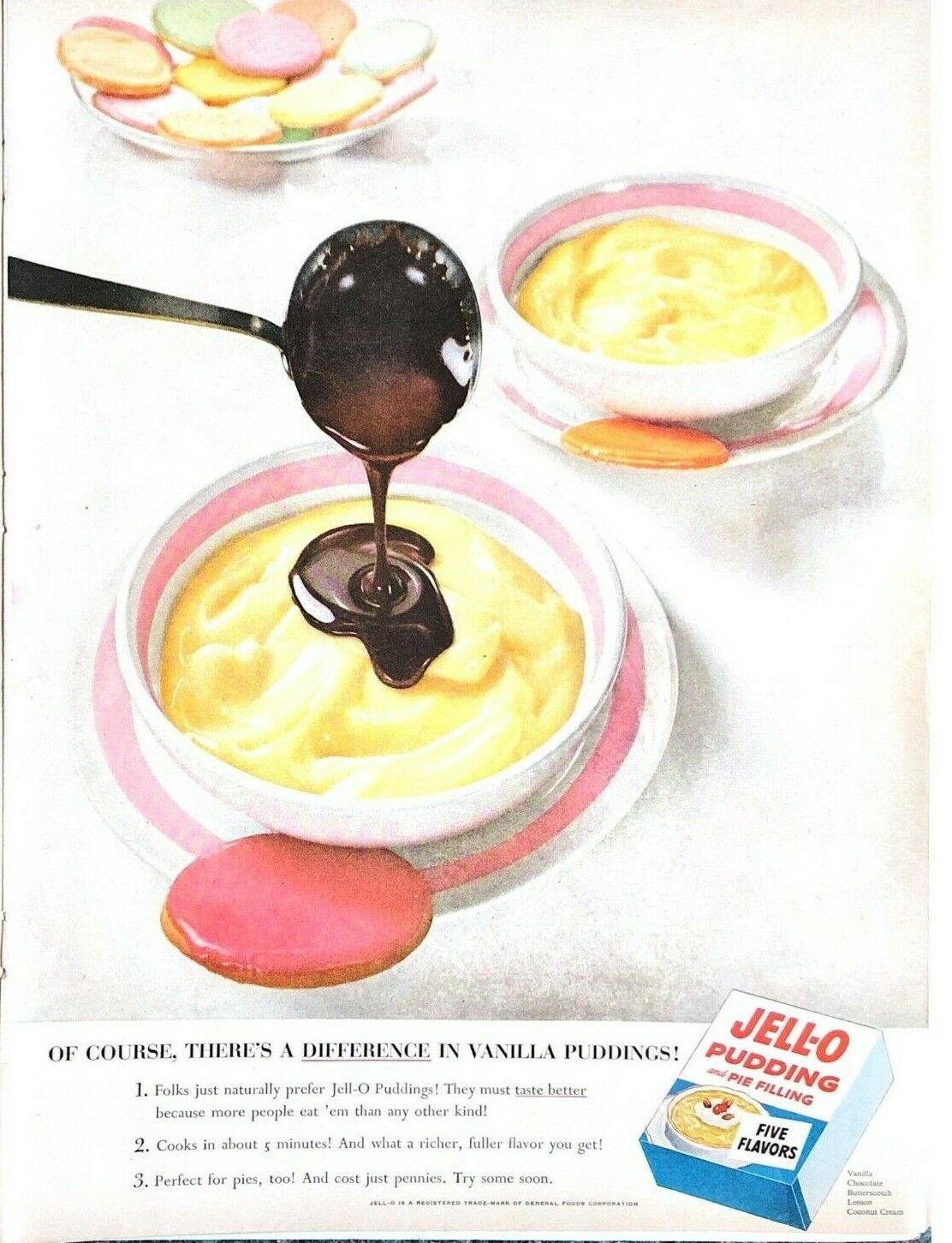 1954 Jell-O Pudding And Pie Filling Vintage Print Ad Vanilla Chocolate 