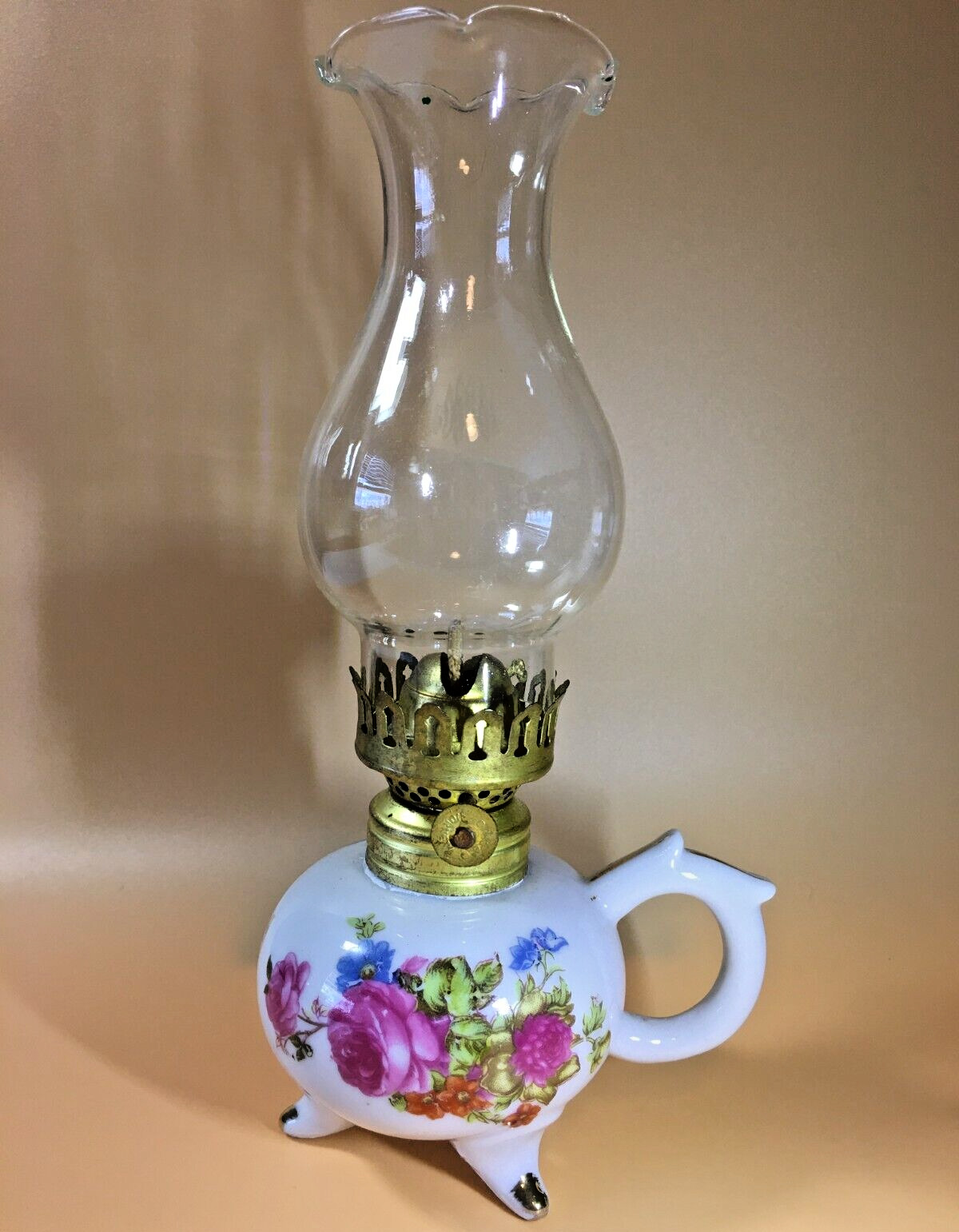 Miniature Kerosene Oil Finger Lamp Porcelian White, Pink & Blue Roses 9\