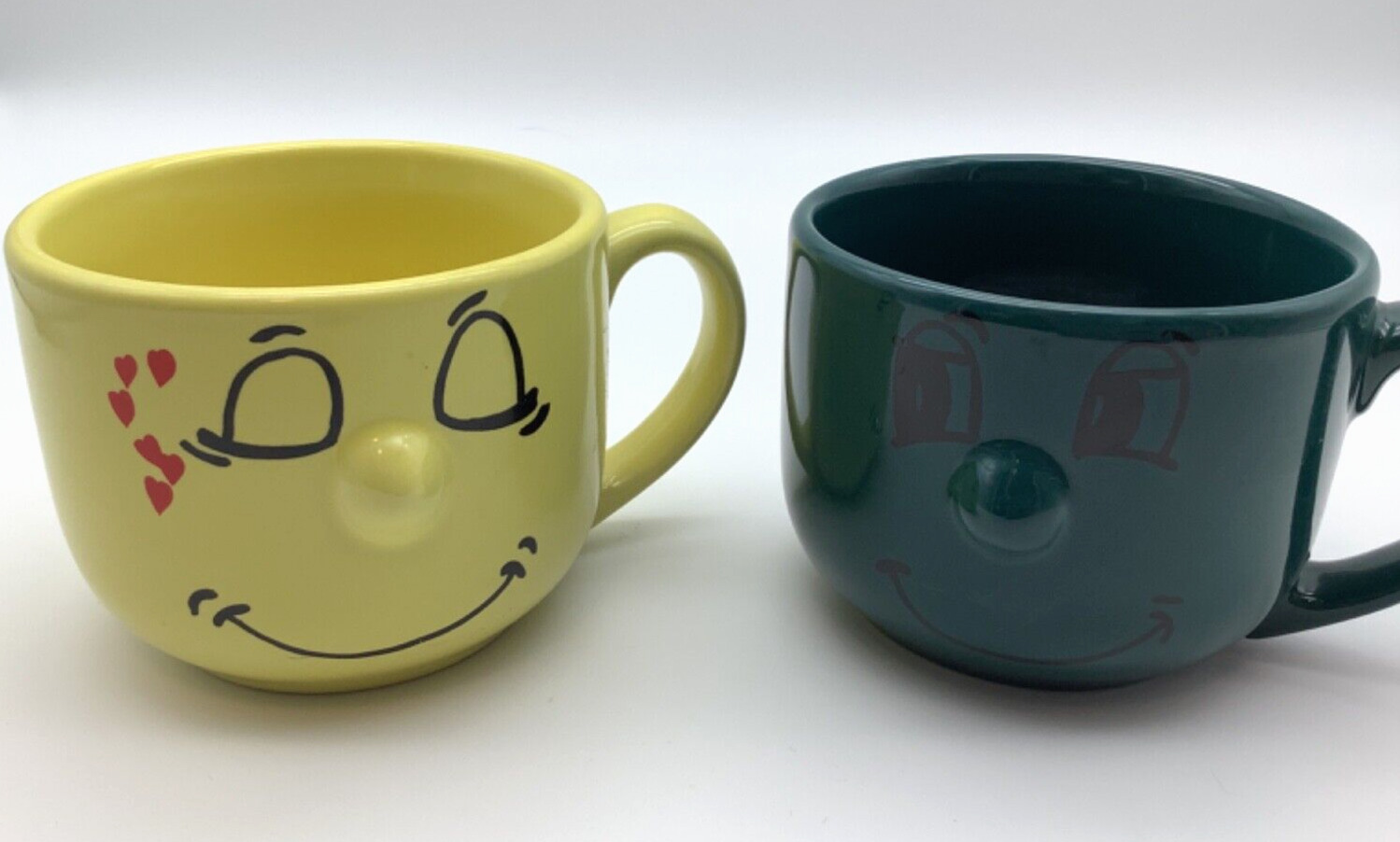 Set of 2 Livingware Collection *Green & Yellow Smiley Face Cup/Mugs 3-D Nose