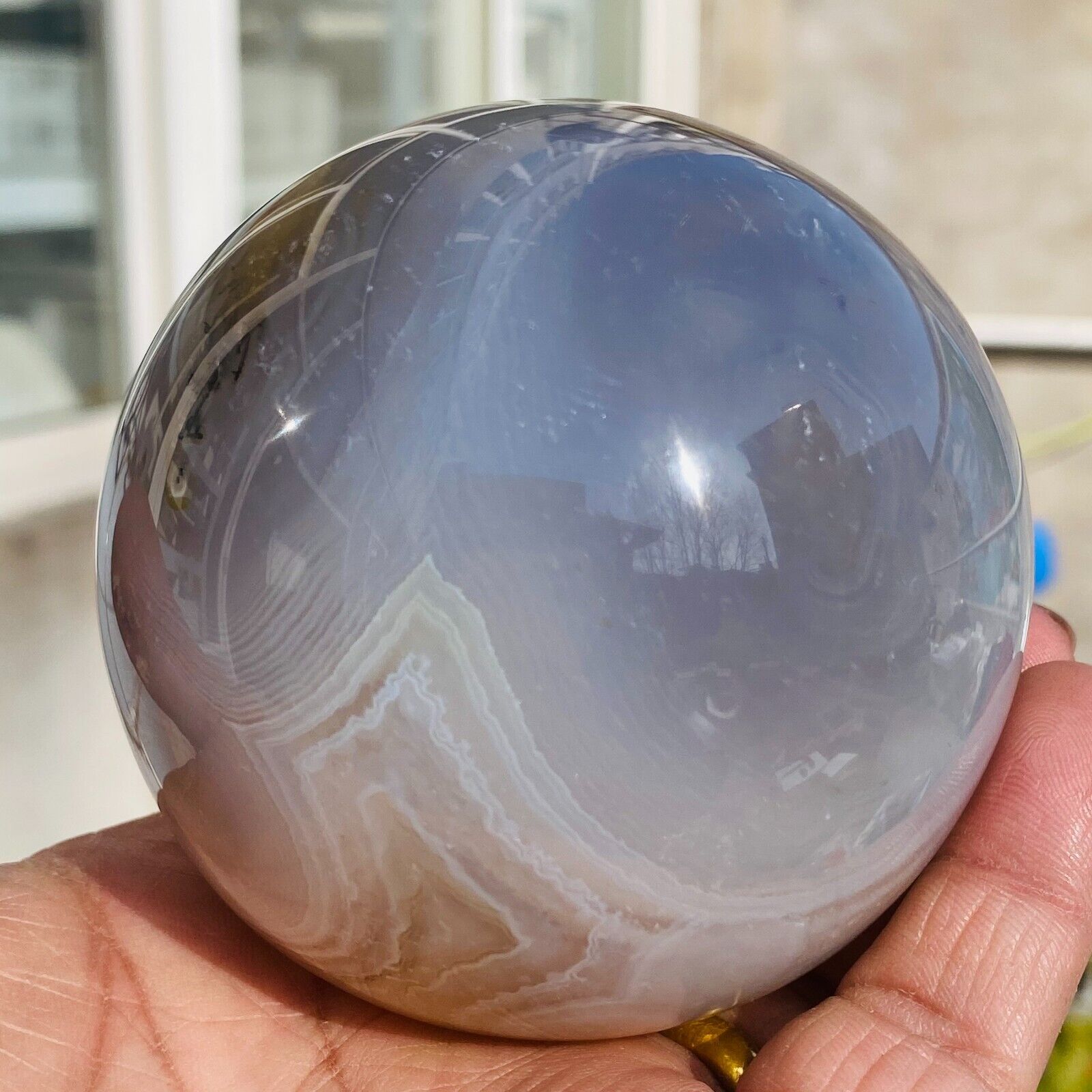 670g Large Chalcedony Blue Quartz Banded Agate Crystal Sphere Display Ball