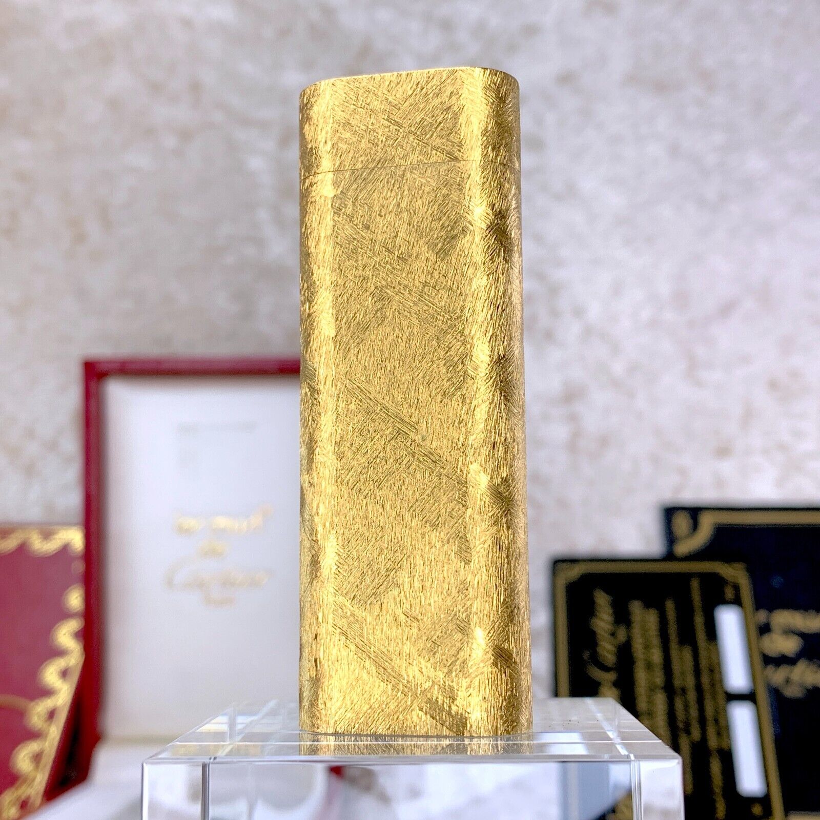Vintage Cartier Lighter 18k Gold Finished Brushed Bark with Case & Card