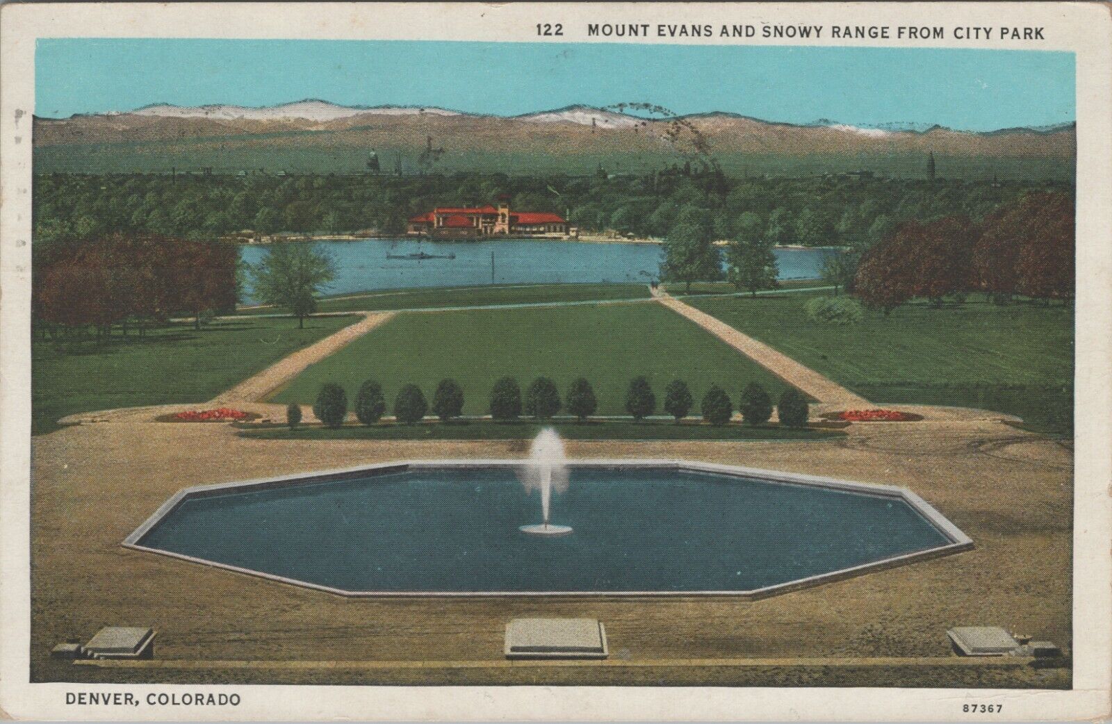 c1930s City Park Denver Colorado Mount Evans birds eye view postcard E183