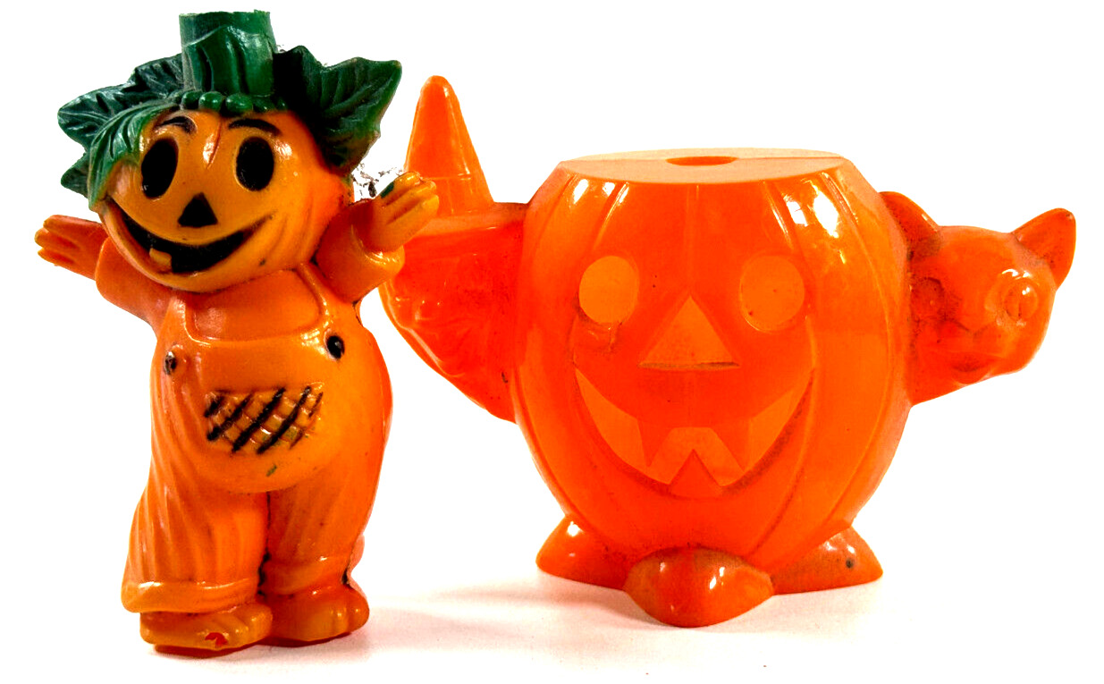 lot (x2) vtg Rosbro Halloween Candy Conatiner holder Pumpkin JOL Scarecrow