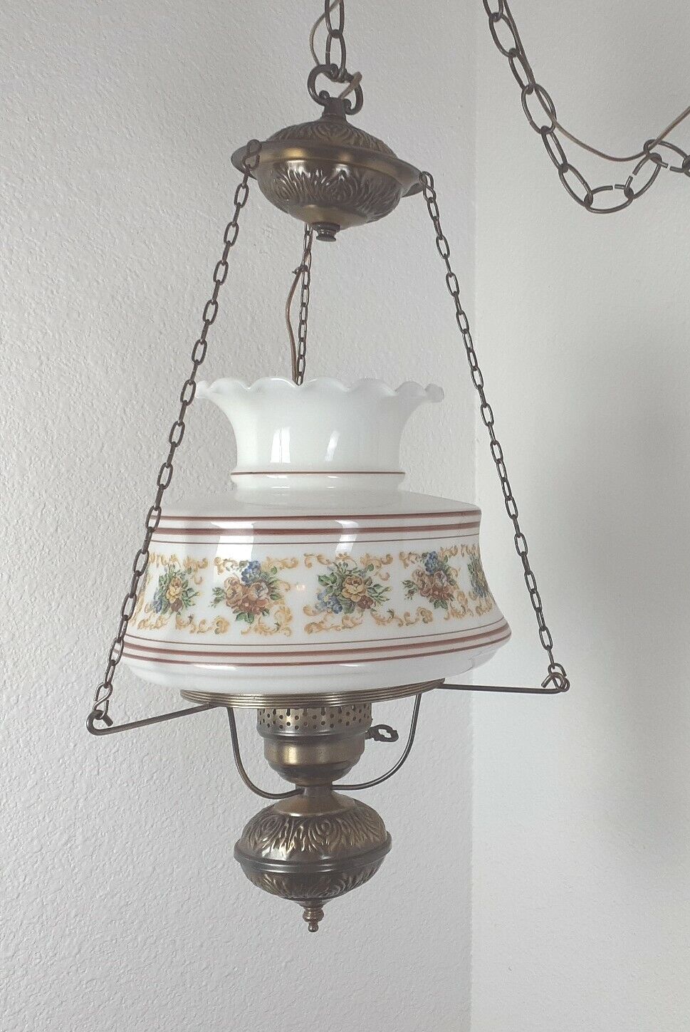 Vintage Floral Hanging Swag Lamp Hurricane Light Corded Milk Glass 