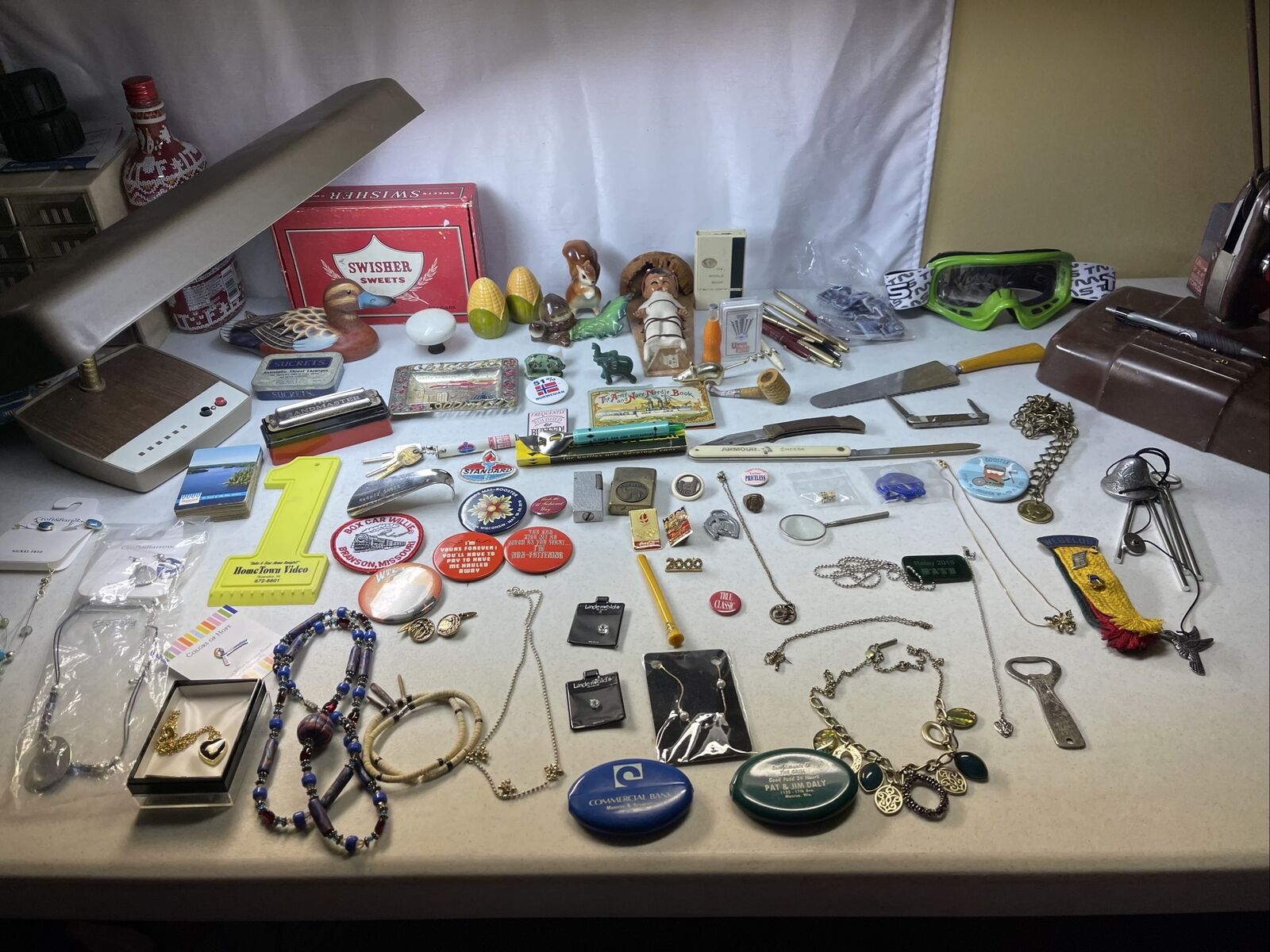 Vintage Junk Drawer Lot Pins Necklaces Advertising Knives Pens S&P Lighters+++++