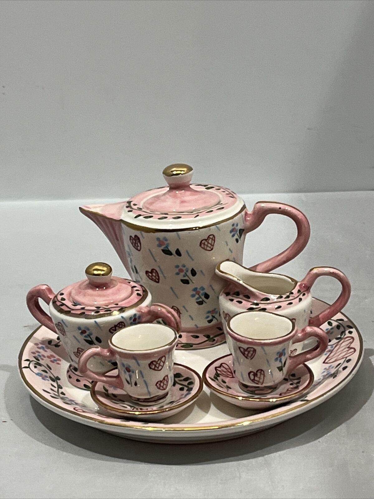 Cute Vintage Mini Tea Set  10 Teapot Pink Flower Two Cups Plate 2.5” 1.5” Inch’s