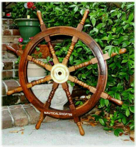 Big Ship Steering Wheel Wooden 36\'\' Inch Antique Brass Nautical Pirate Ship\'s