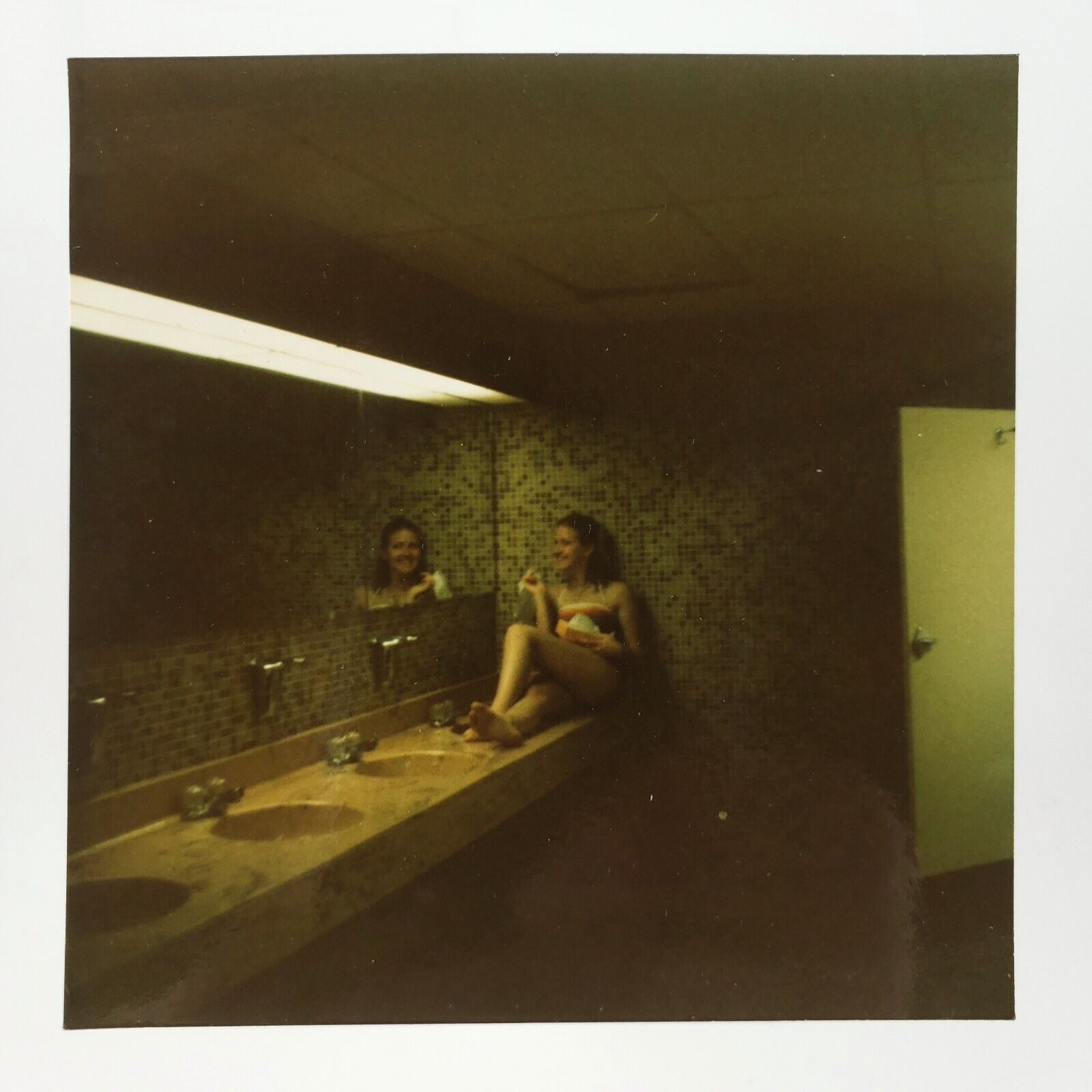 Barefoot Restroom Sink Reflection Photo 1970s Pretty Girl Mirror Snapshot A4006