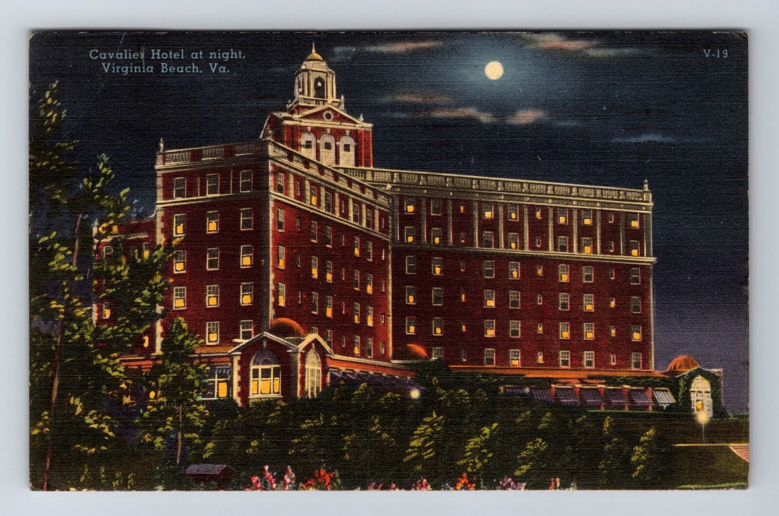 Virginia Beach VA-Virginia Cavalier Hotel Night, Antique, Vintage c1956 Postcard