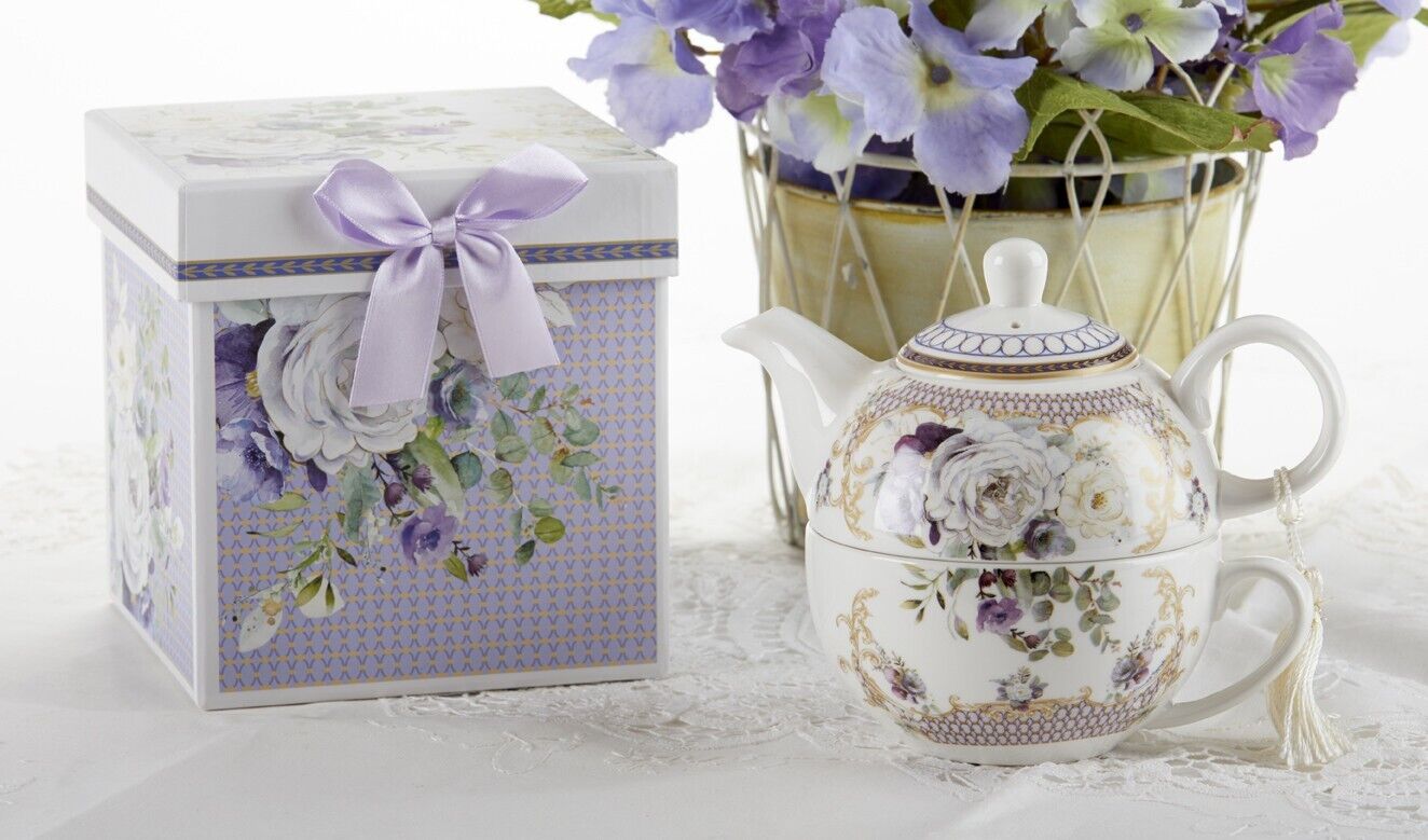 Delton Purple Elegance Porcelain Tea for One Floral Teapot and Teacup Set